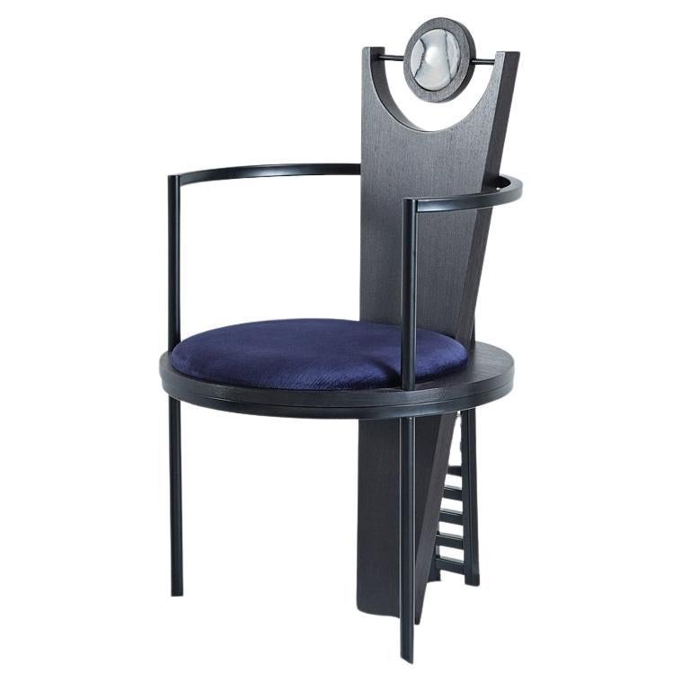 Silla Lunatro, Madera, Metalistería, Terciopelo Azul, Detalle Mármol, Studio Mohs en venta