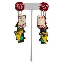 Used Lunch at the Ritz 1989 Long Enamel Traffic Light Stop Sign Earrings