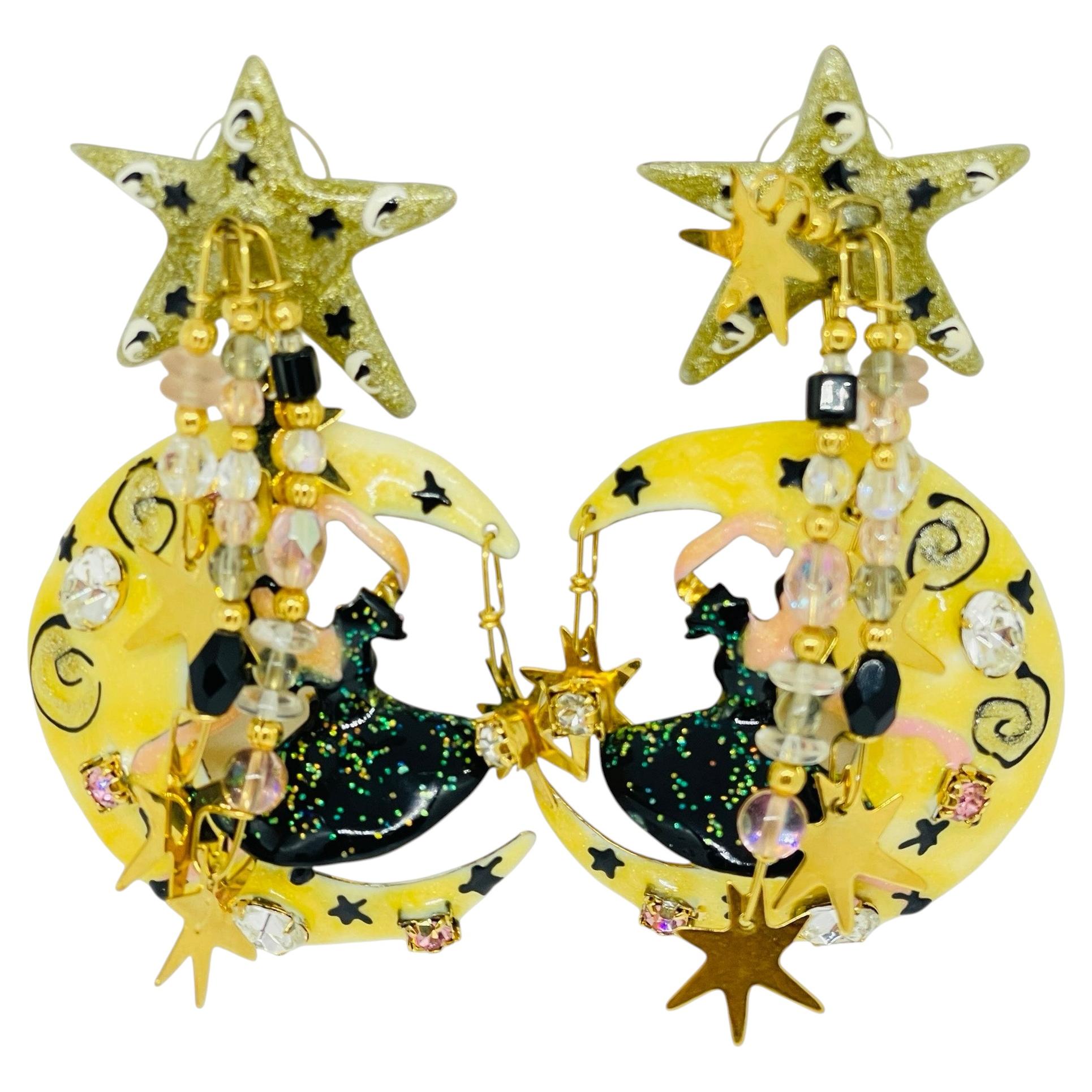 LUNCH AT THE RITZ '88 signed vintage gold tone enamel dancer designer earrings