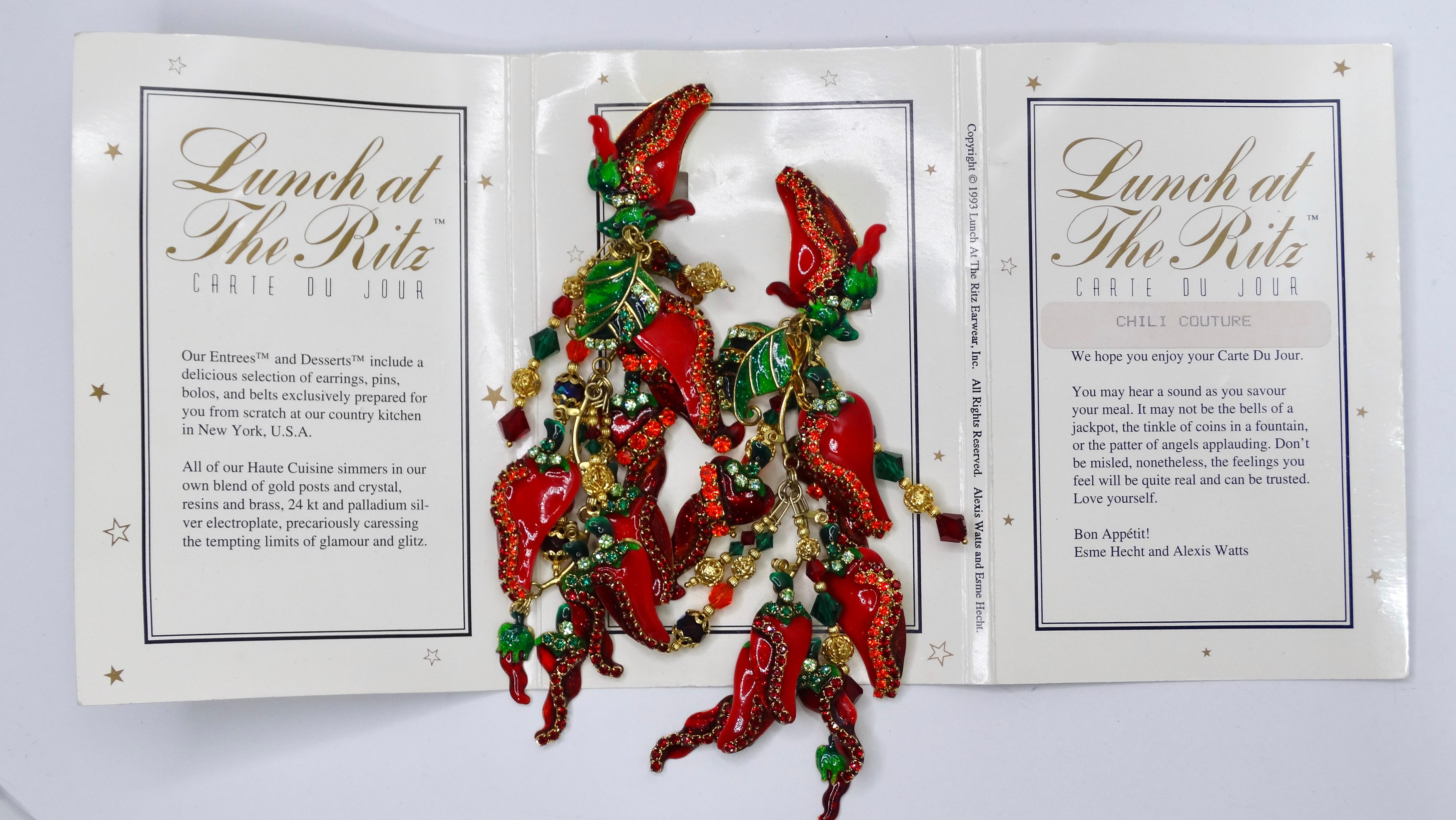 These are the most fun piece of collectible costume jewelry! No one will be able to resist complimenting you on these works of art! Spice up any outfit by bringing out these chili pepper dangling earrings. These are large earrings, with a six inch