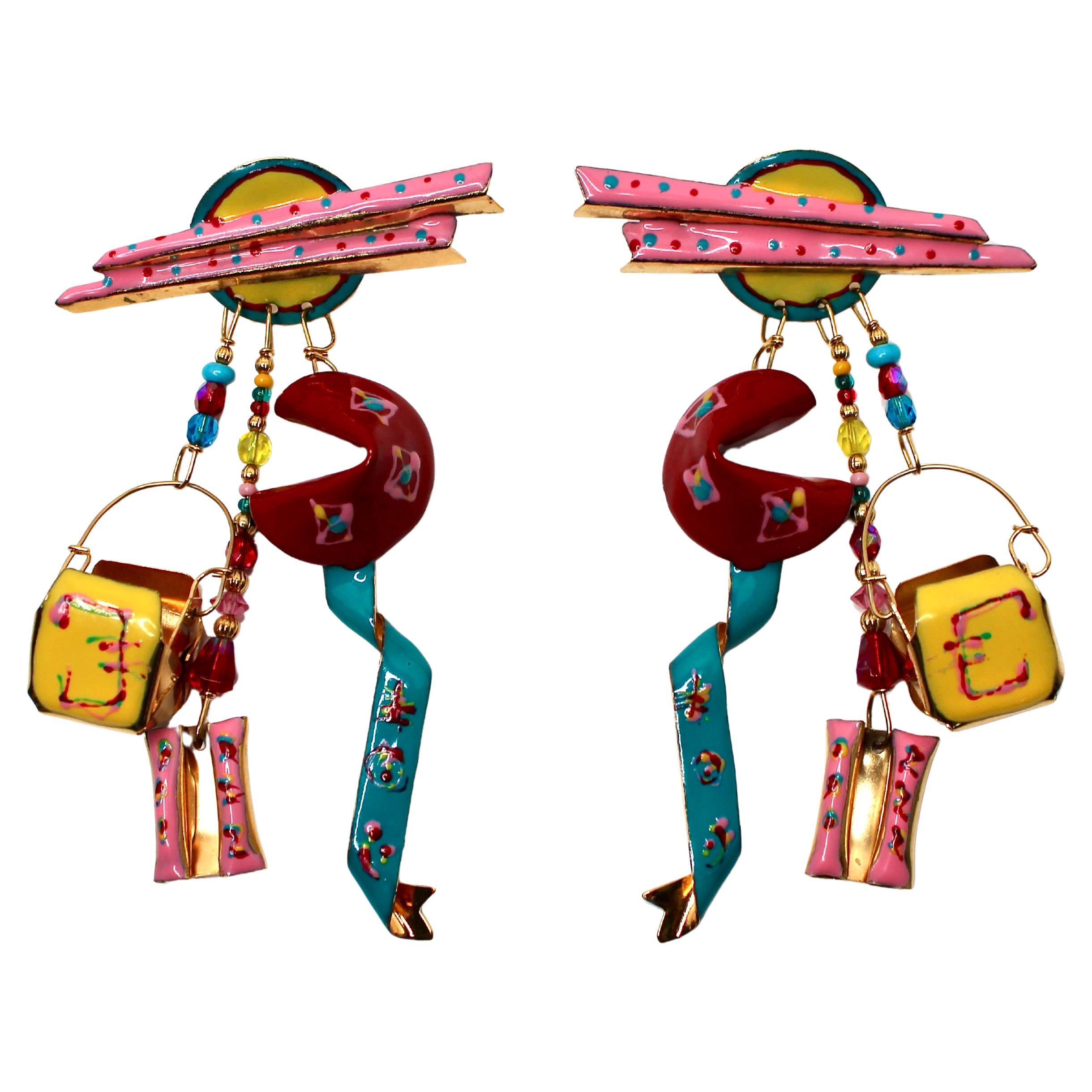 Lunch At The Ritz Chinese Takeout Charm Dangle Earrings circa 1988