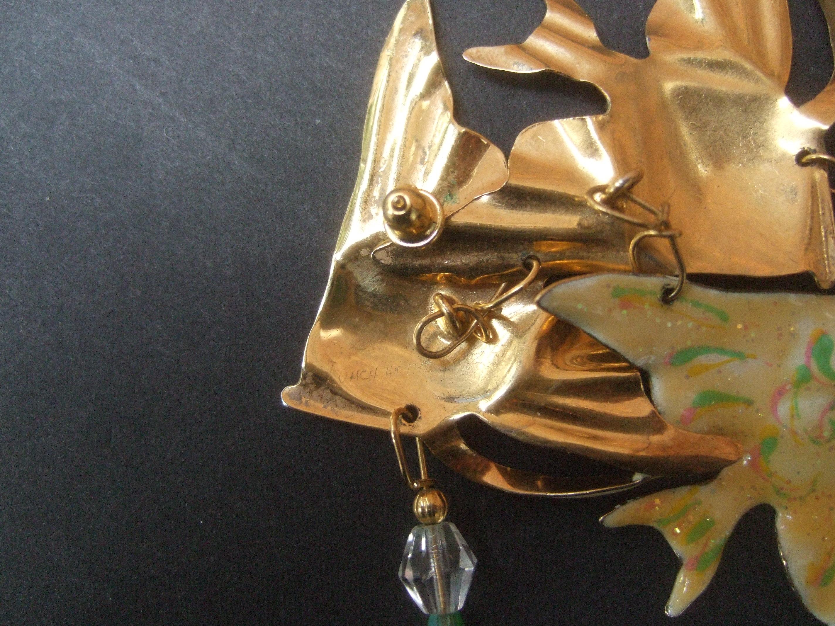 Lunch At The Ritz Dangling Enamel Articulated Fish Theme Earrings c 1980s For Sale 6