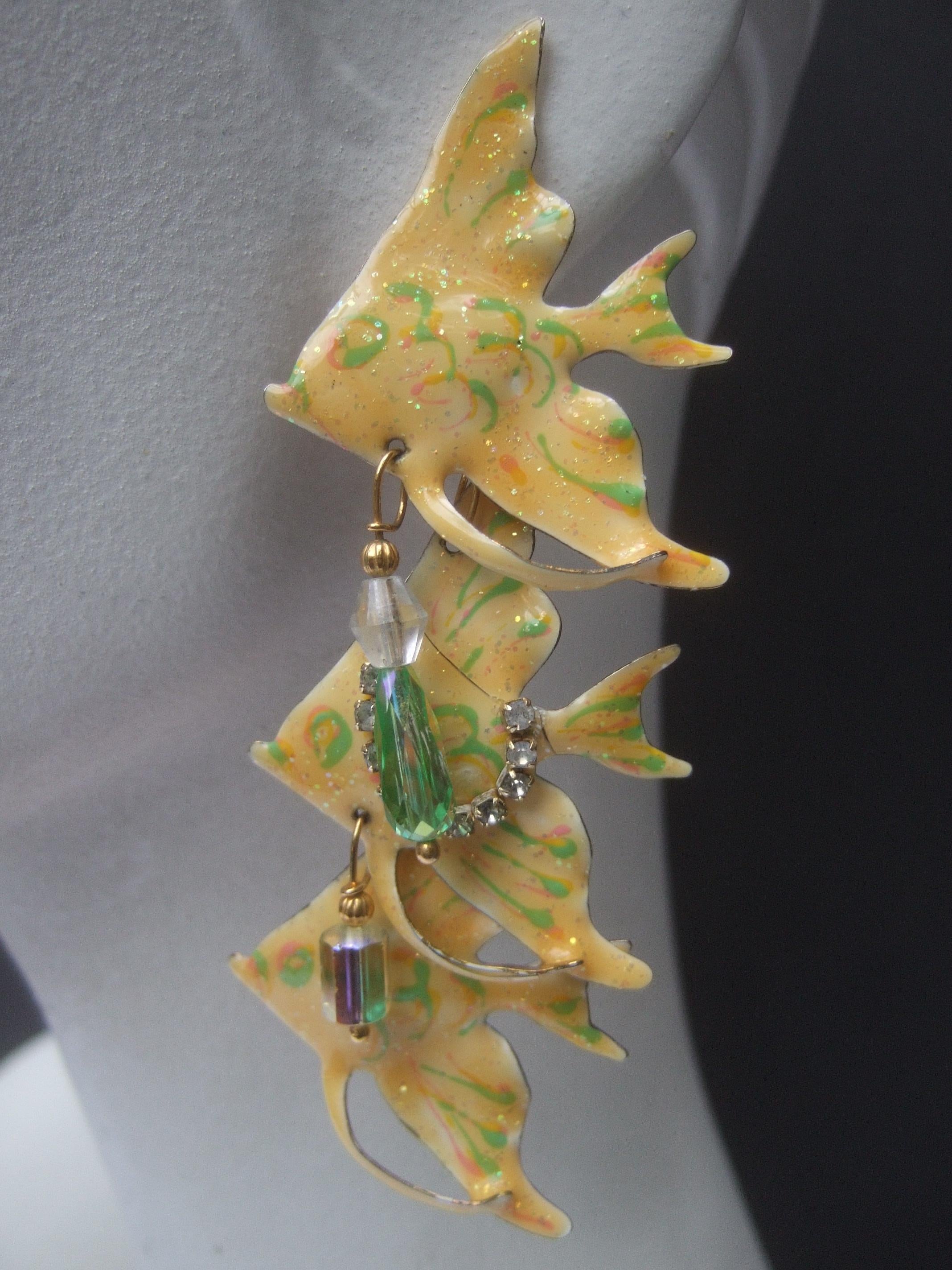 Women's Lunch At The Ritz Dangling Enamel Articulated Fish Theme Earrings c 1980s For Sale