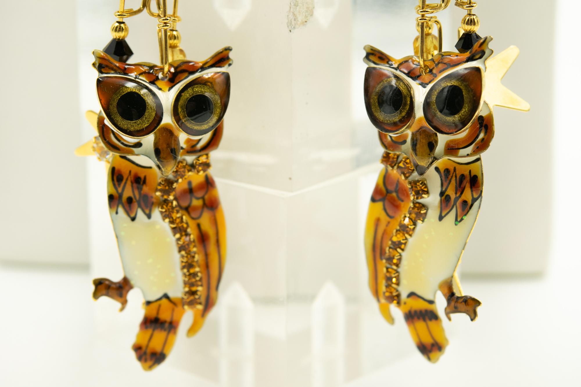 Lunch At The Ritz Enamel Owl Hoot Dangle Clip-on Earrings and Pendant Brooch 1