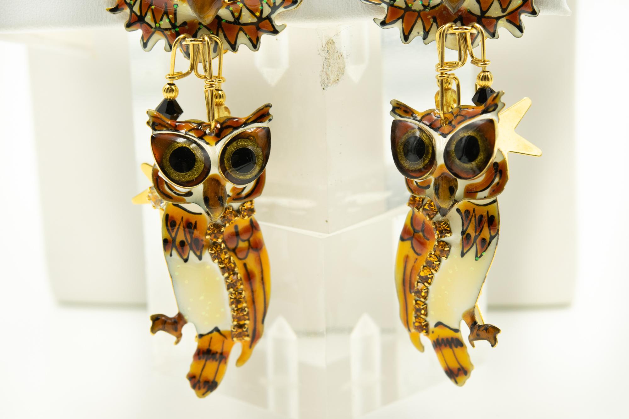 Lunch At The Ritz Enamel Owl Hoot Dangle Clip-on Earrings and Pendant Brooch 2
