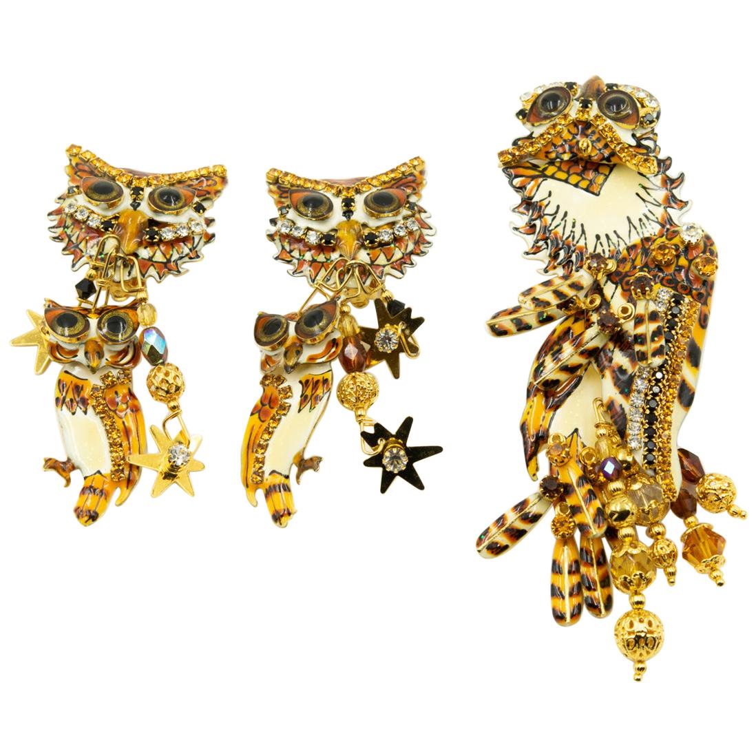 Lunch At The Ritz Enamel Owl Hoot Dangle Clip-on Earrings and Pendant Brooch