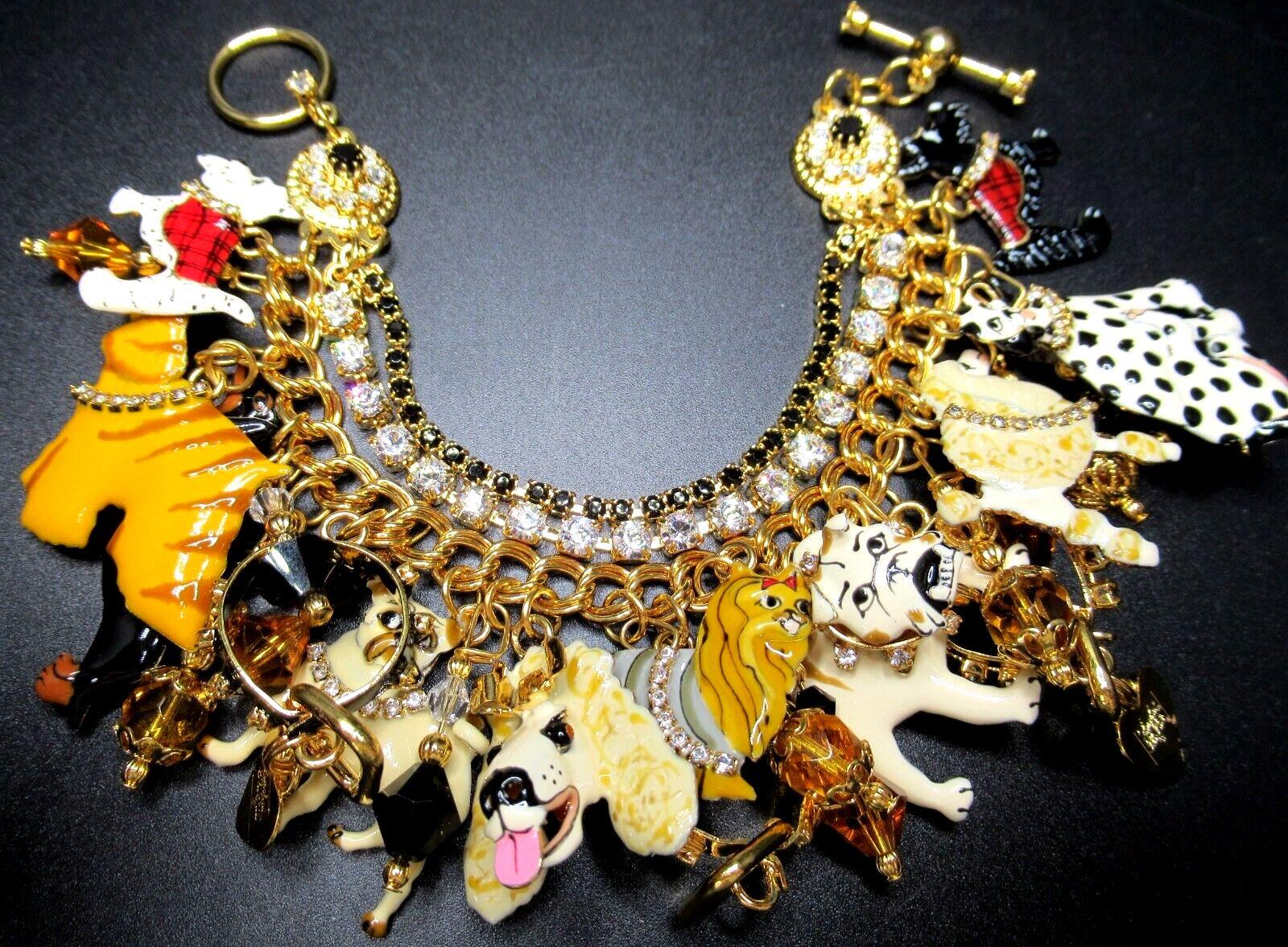 Mixed Cut LUNCH AT THE RITZ Kennel Club Enamel and Crystal Dog Charm Statement Bracelet For Sale