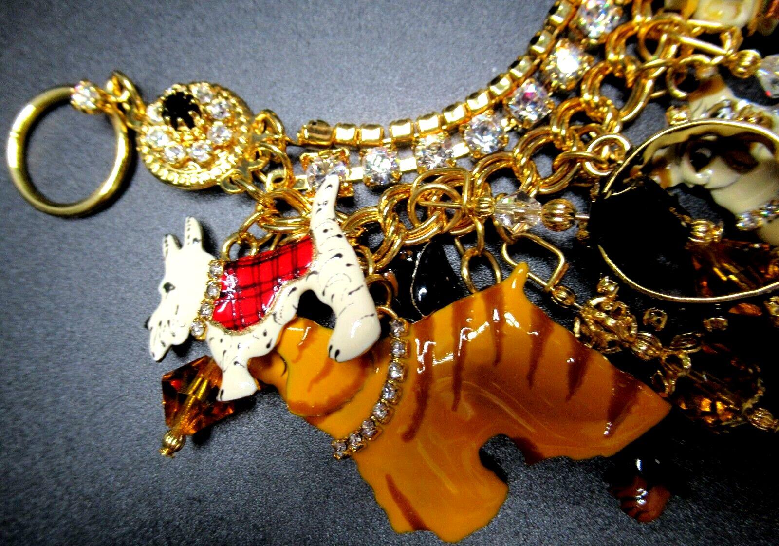 LUNCH AT THE RITZ Kennel Club Enamel and Crystal Dog Charm Statement Bracelet In Excellent Condition For Sale In Montreal, QC