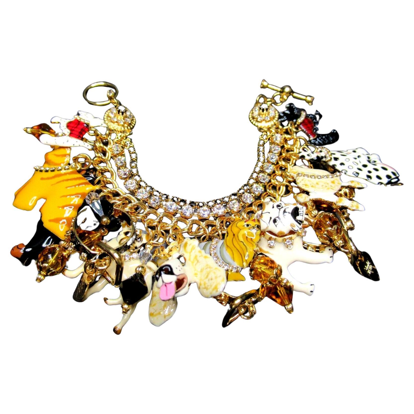 LUNCH AT THE RITZ Kennel Club Enamel and Crystal Dog Charm Statement Bracelet For Sale
