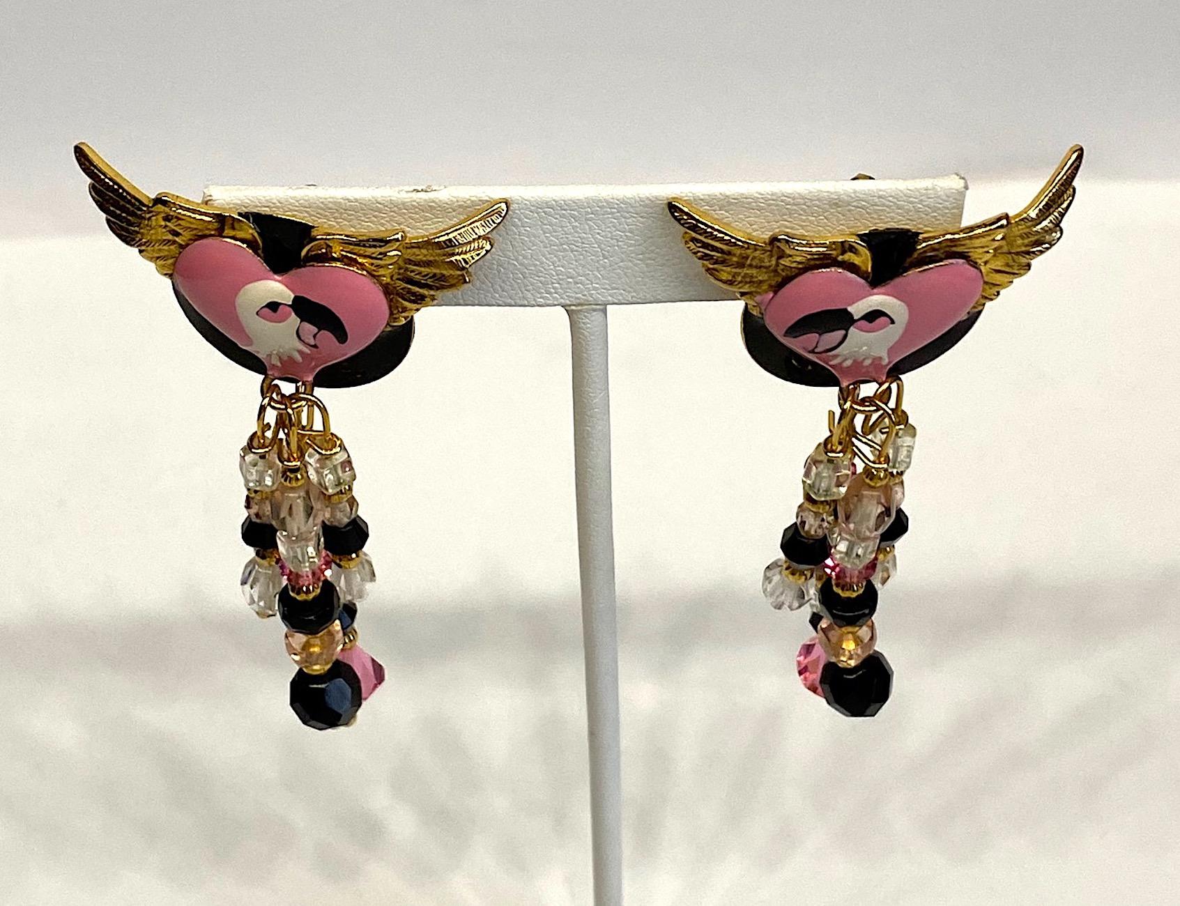 Lunch at The Ritz Pink & Black Enamel Flmingo Fringe Earrings from 1989 5