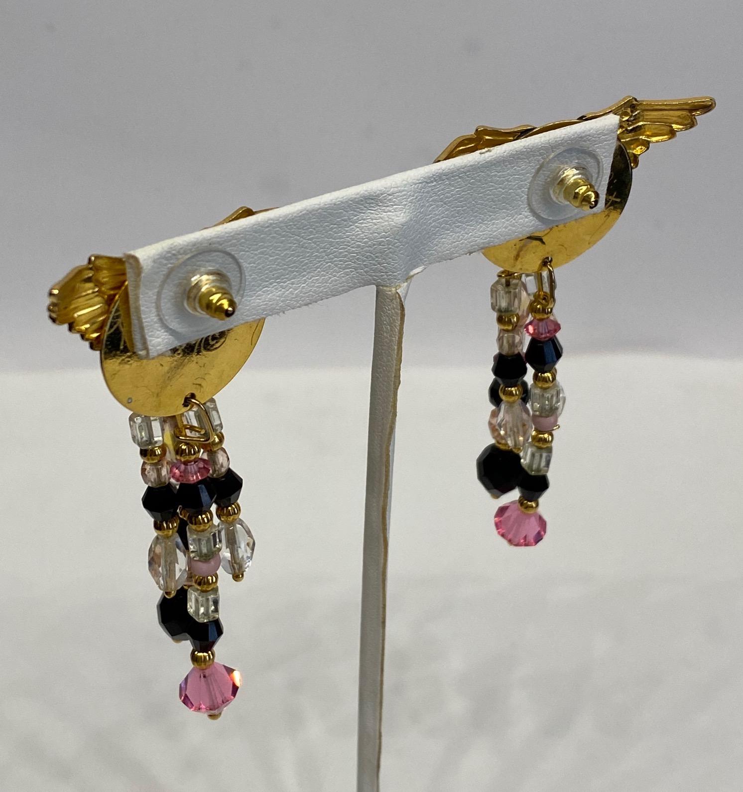 Lunch at The Ritz Pink & Black Enamel Flmingo Fringe Earrings from 1989 6