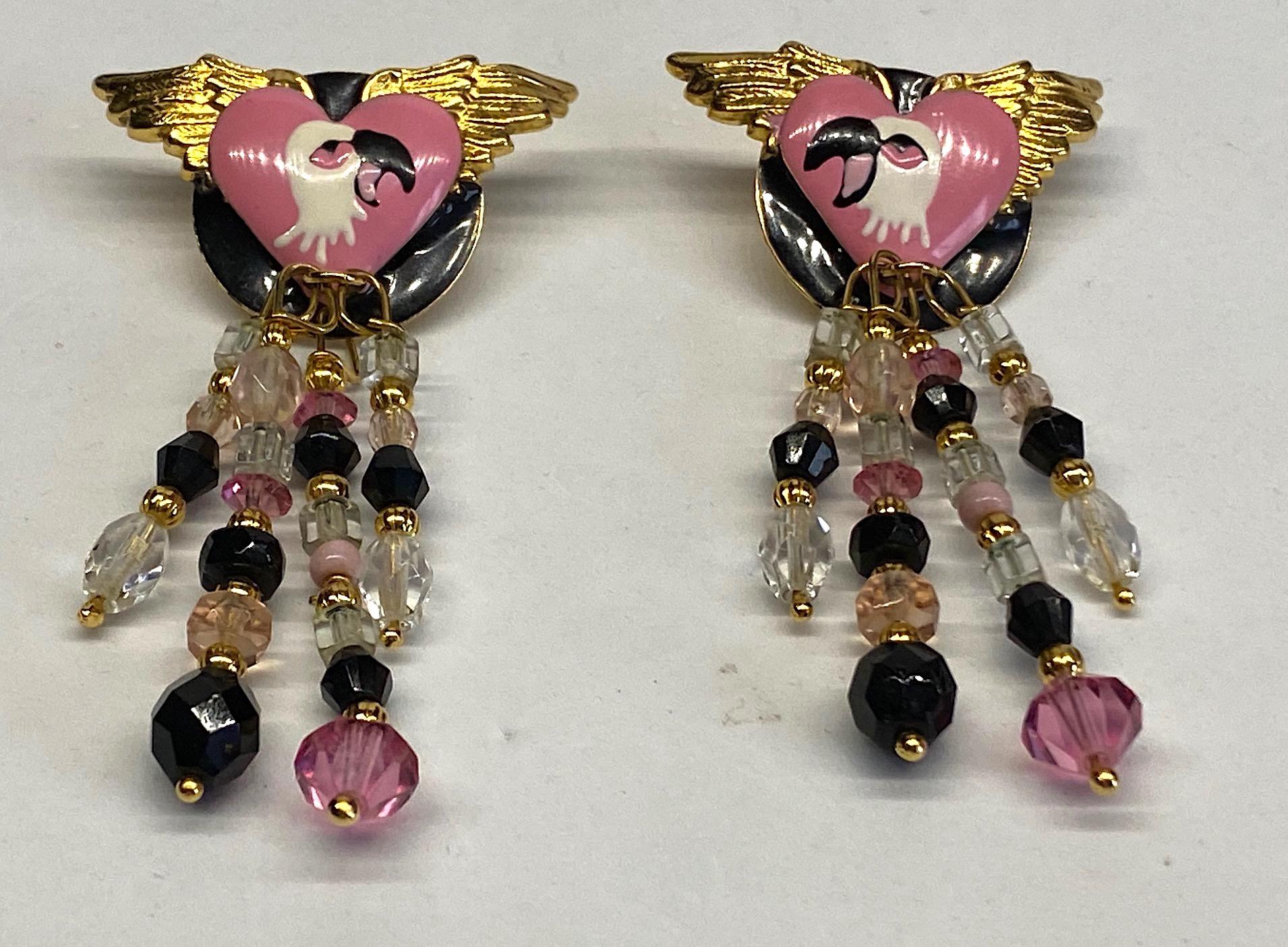 Lunch at The Ritz Pink & Black Enamel Flmingo Fringe Earrings from 1989 1