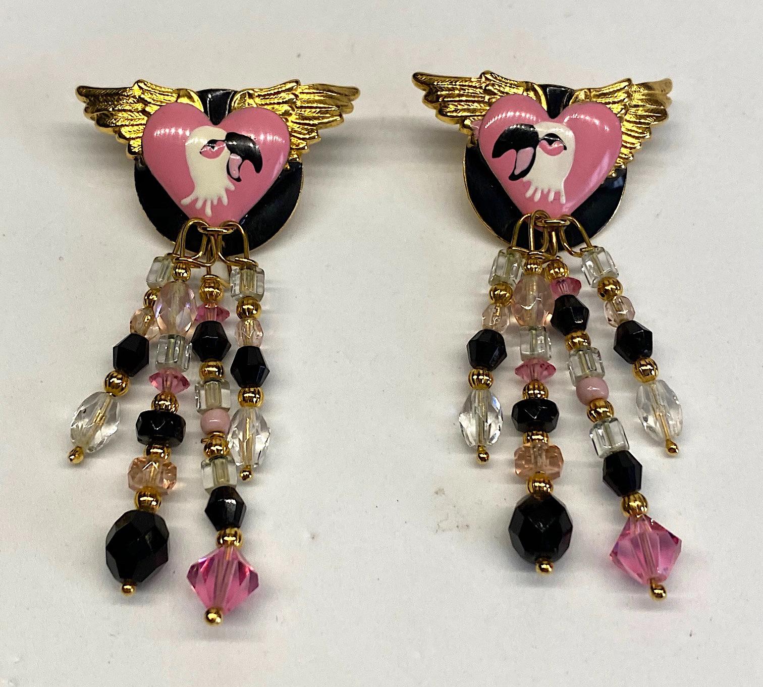 Lunch at The Ritz Pink & Black Enamel Flmingo Fringe Earrings from 1989 2