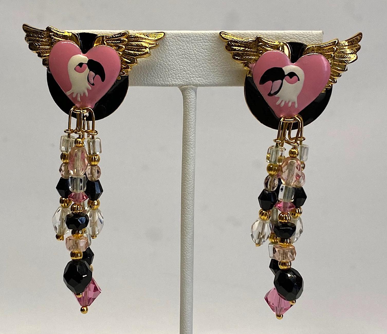 Lunch at The Ritz Pink & Black Enamel Flmingo Fringe Earrings from 1989 4