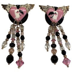 Retro Lunch at The Ritz Pink & Black Enamel Flmingo Fringe Earrings from 1989