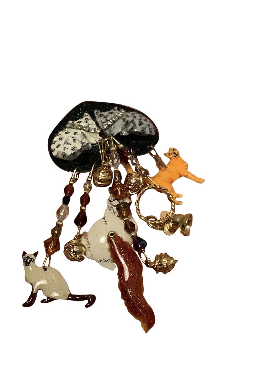 Round Cut Lunch at The Ritz Signed Multi Charm Cats and Crystal Beads Brooch Pin Pendant