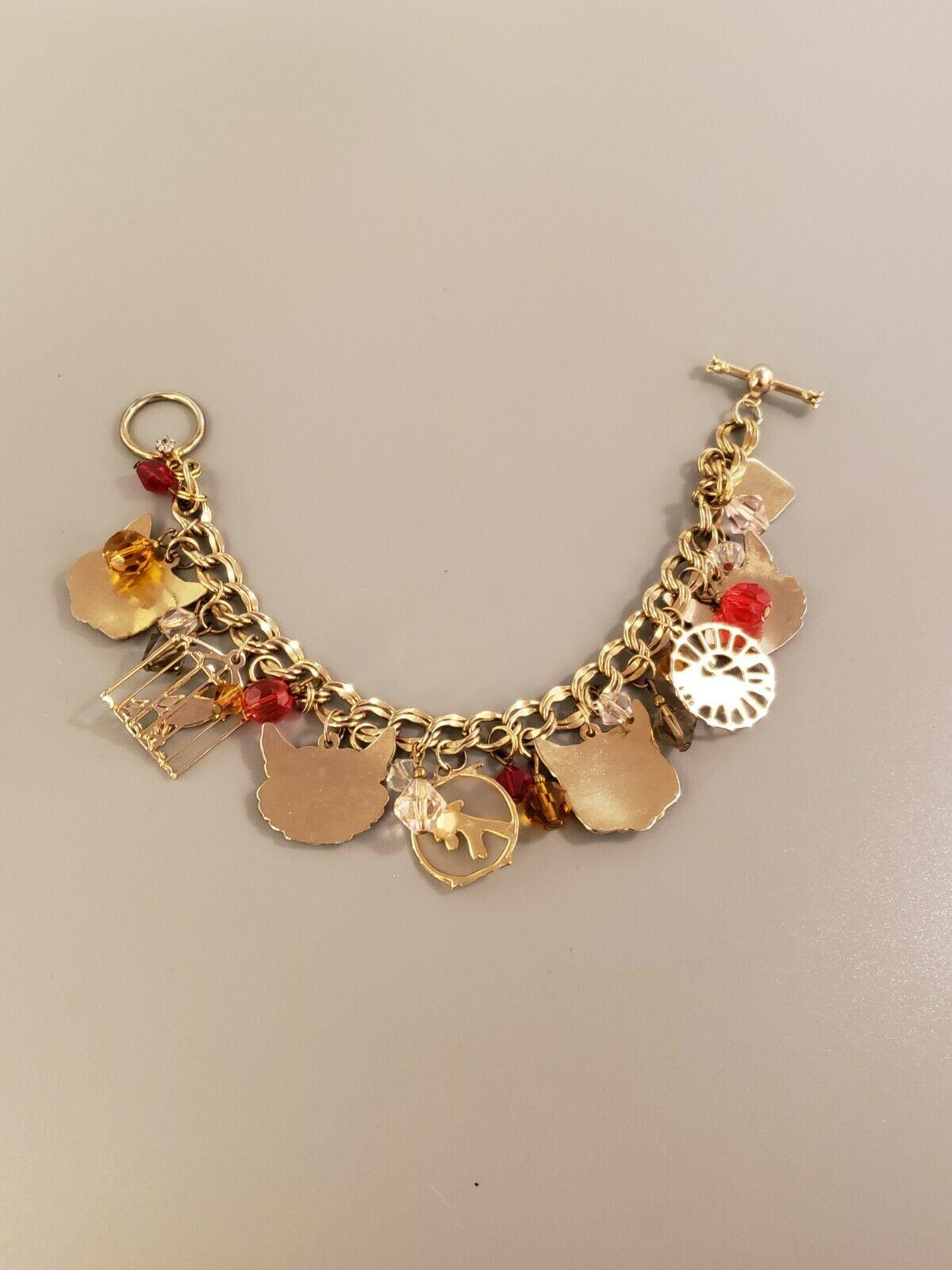 Lunch at the Ritz Signed Multi Charm Cats Mouse and Bird in Gilt Cage Bracelet  1