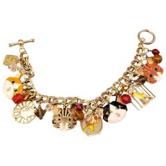 Lunch at the Ritz Signed Multi Charm Cats Mouse and Bird in Gilt Cage Bracelet