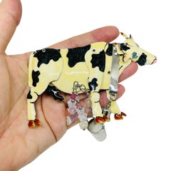LUNCH AT THE RITZ signed vintage enamel silver cow dangle crystals brooch