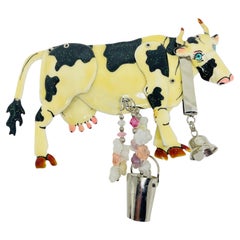 LUNCH AT THE RITZ signiert Vintage Emaille Silber Kuh baumeln Kristalle Brosche