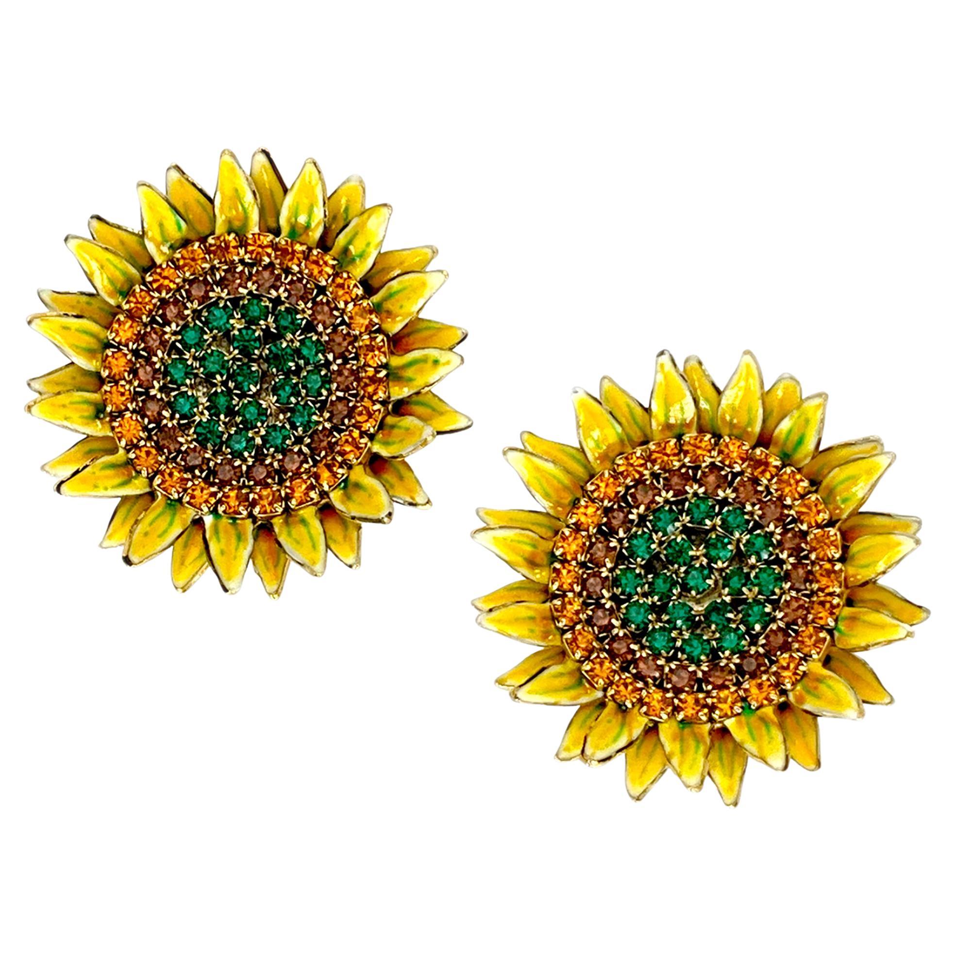 Lunch at the Ritz Sonnenblumen-Kristall-Ohrringe mit 22k Goldplattierung im Angebot