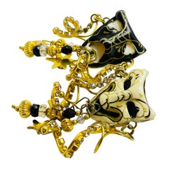LUNCH AT THE RITZ theater comedy tragedy gold enamel designer earrings
