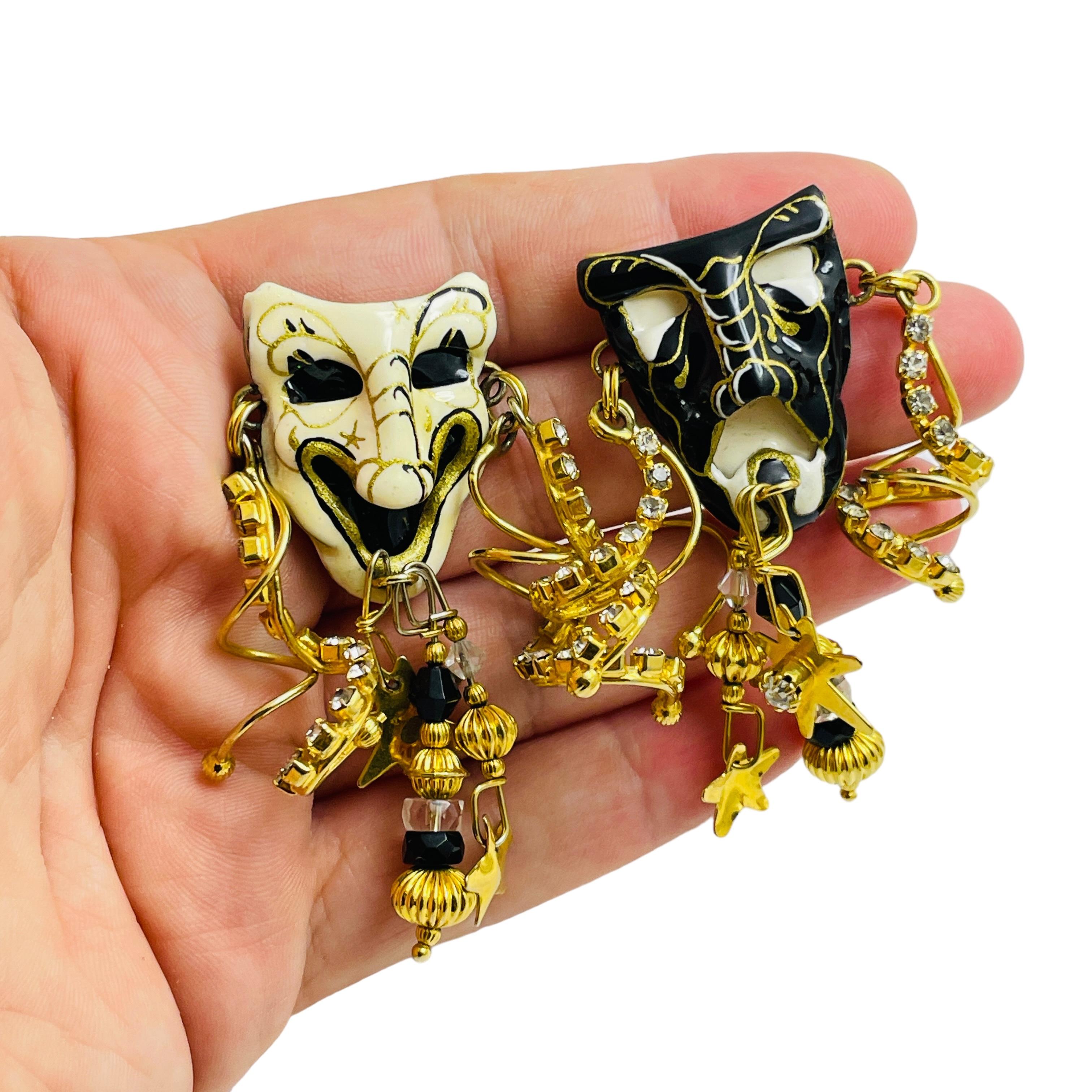 Women's LUNCH AT THE RITZ theater comedy tragedy gold enamel designer earrings For Sale