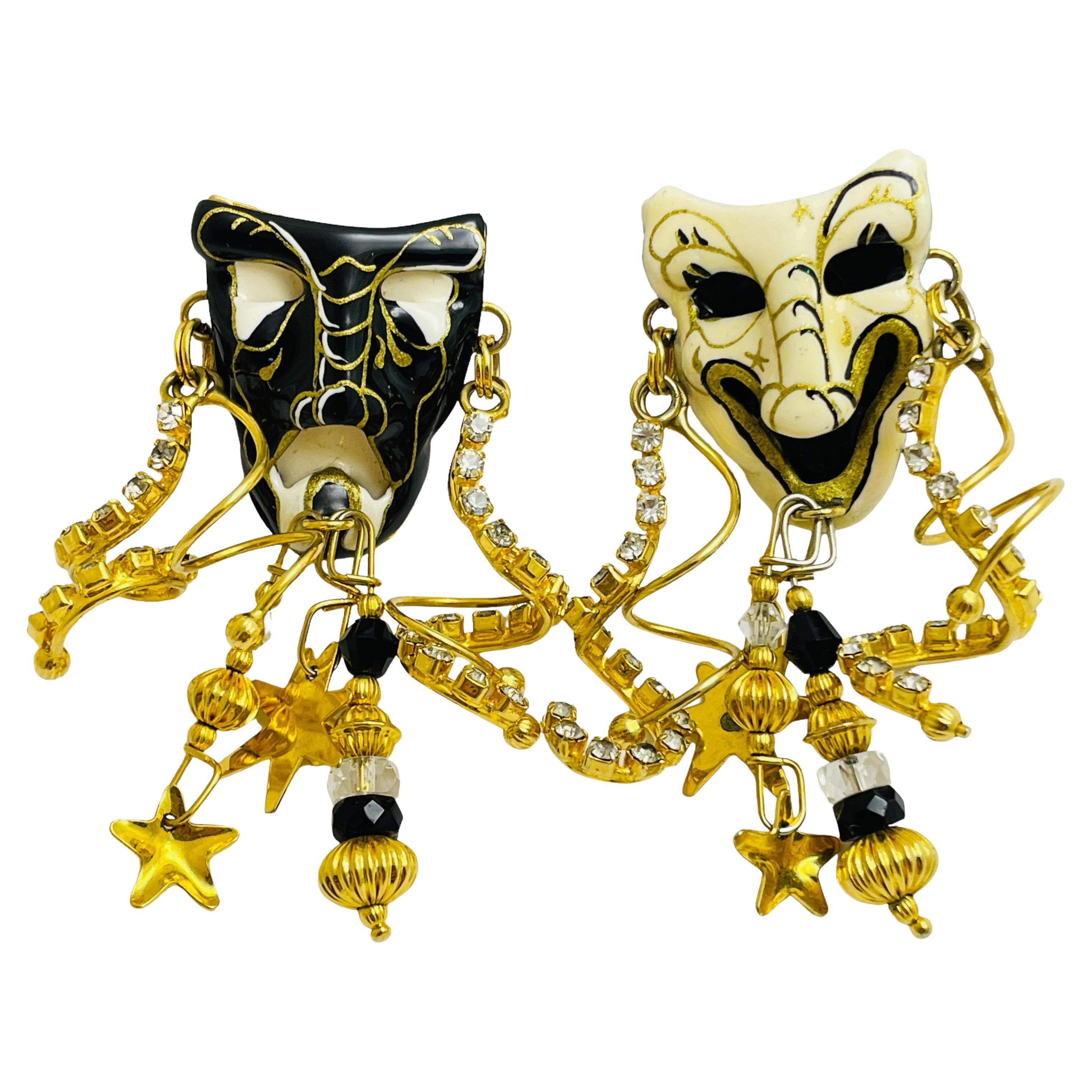 LUNCH AT THE RITZ theater comedy tragedy gold enamel designer earrings