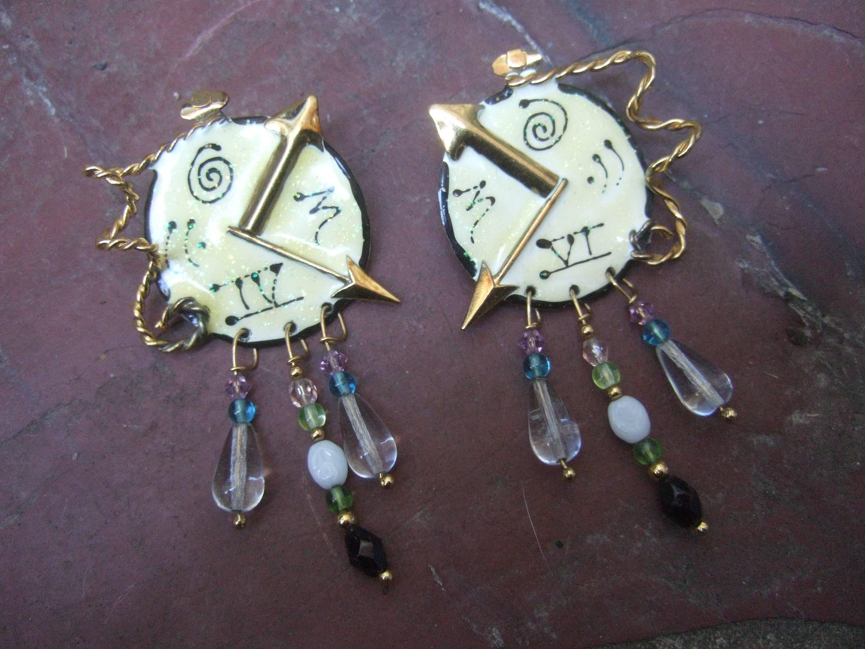 Women's Lunch at the Ritz Whimsical Enamel Clock Artisan Earrings circa 1980s   For Sale