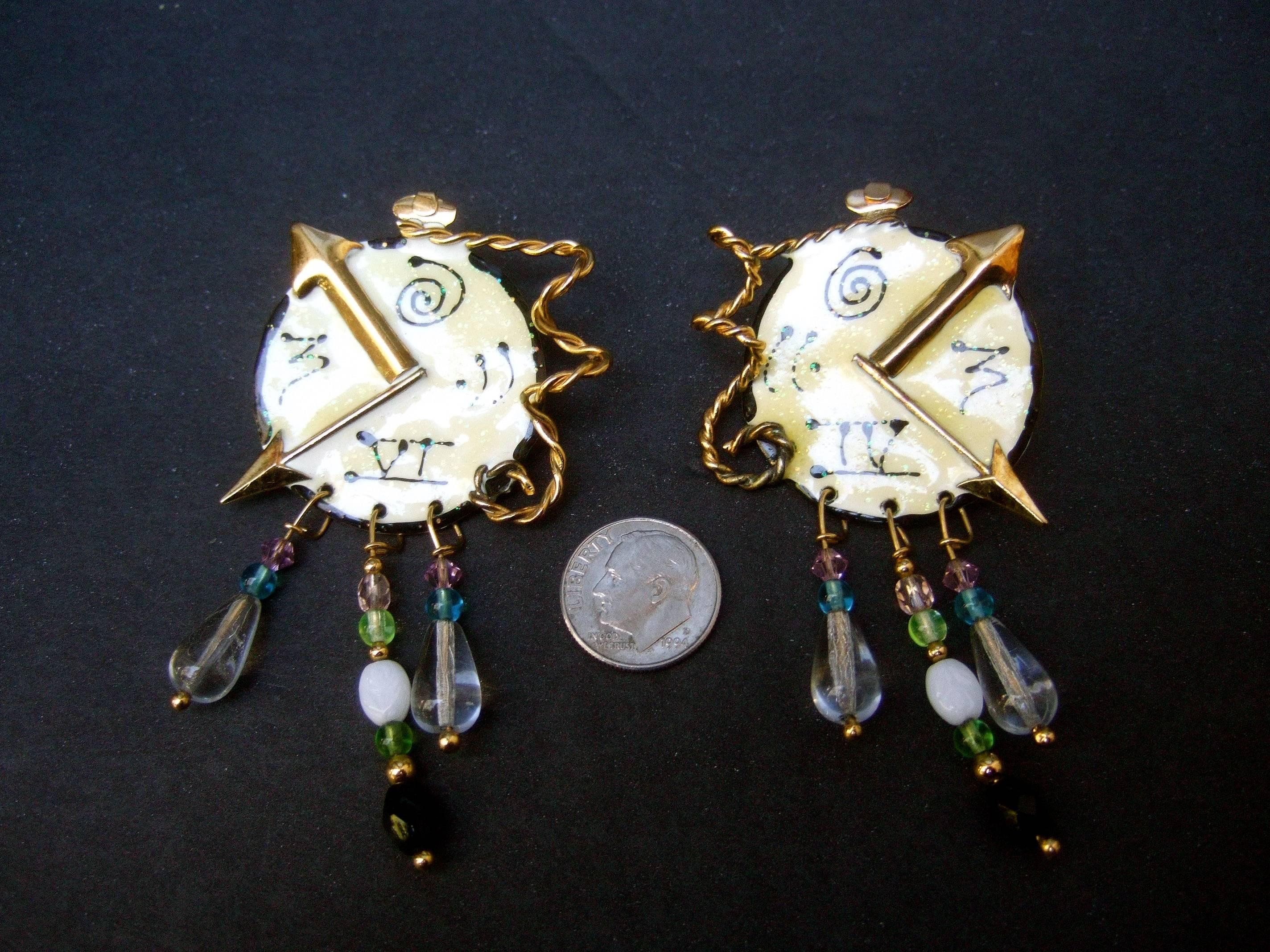 Lunch at the Ritz Whimsical Enamel Clock Artisan Earrings circa 1980s   For Sale 3