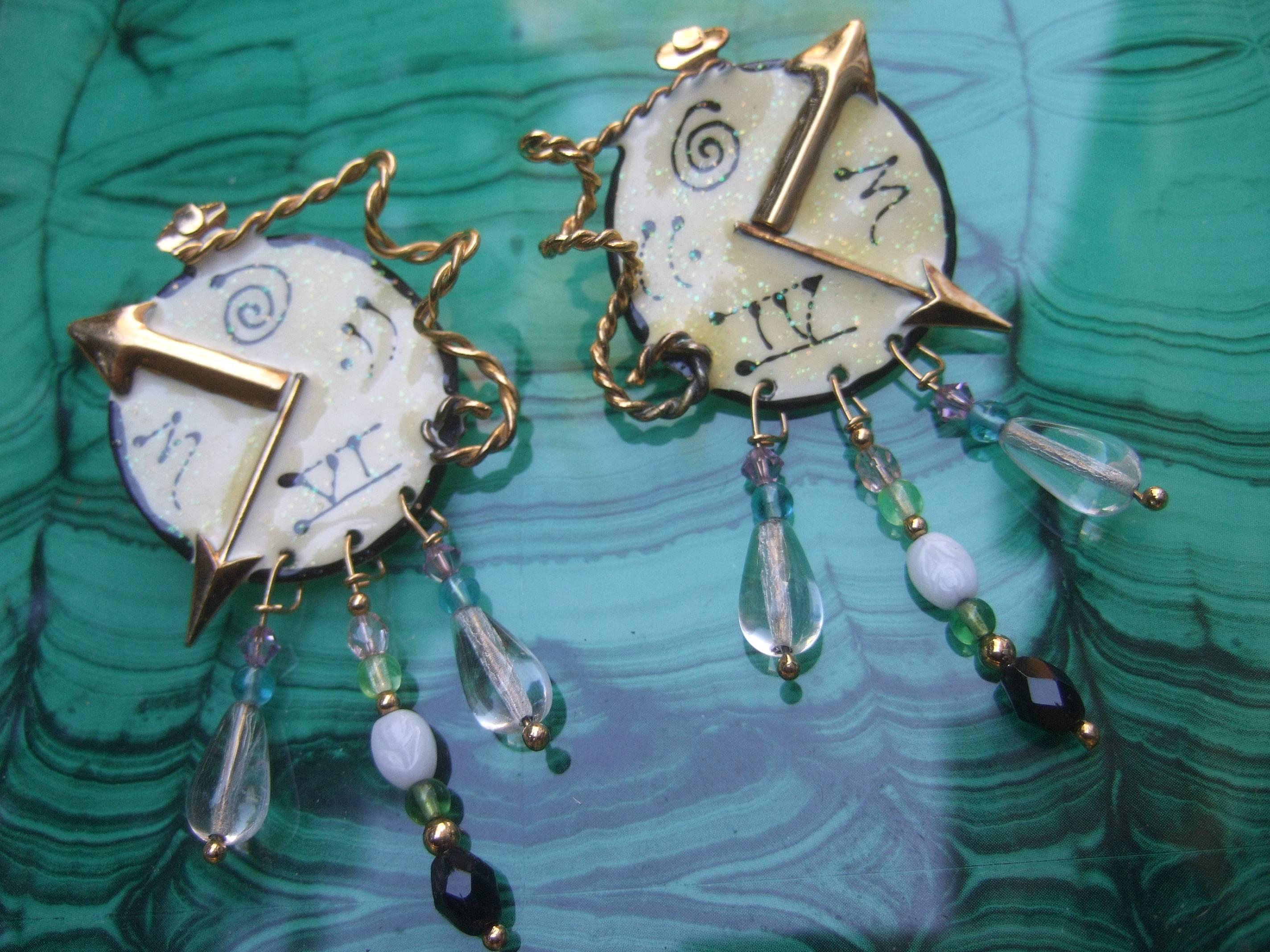 Lunch at the Ritz Whimsical Enamel Clock Artisan Earrings circa 1980s   For Sale 4