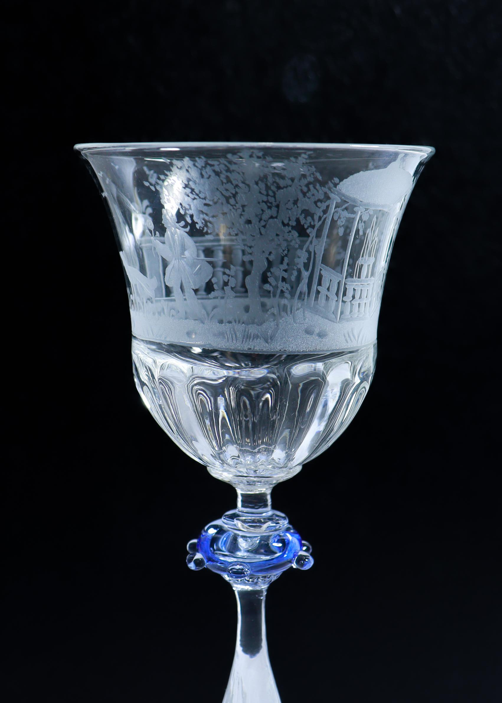 Luncheon Set of 8 Salviati Engraved Venetian / Murano Glass Wine Goblet Stems For Sale 5