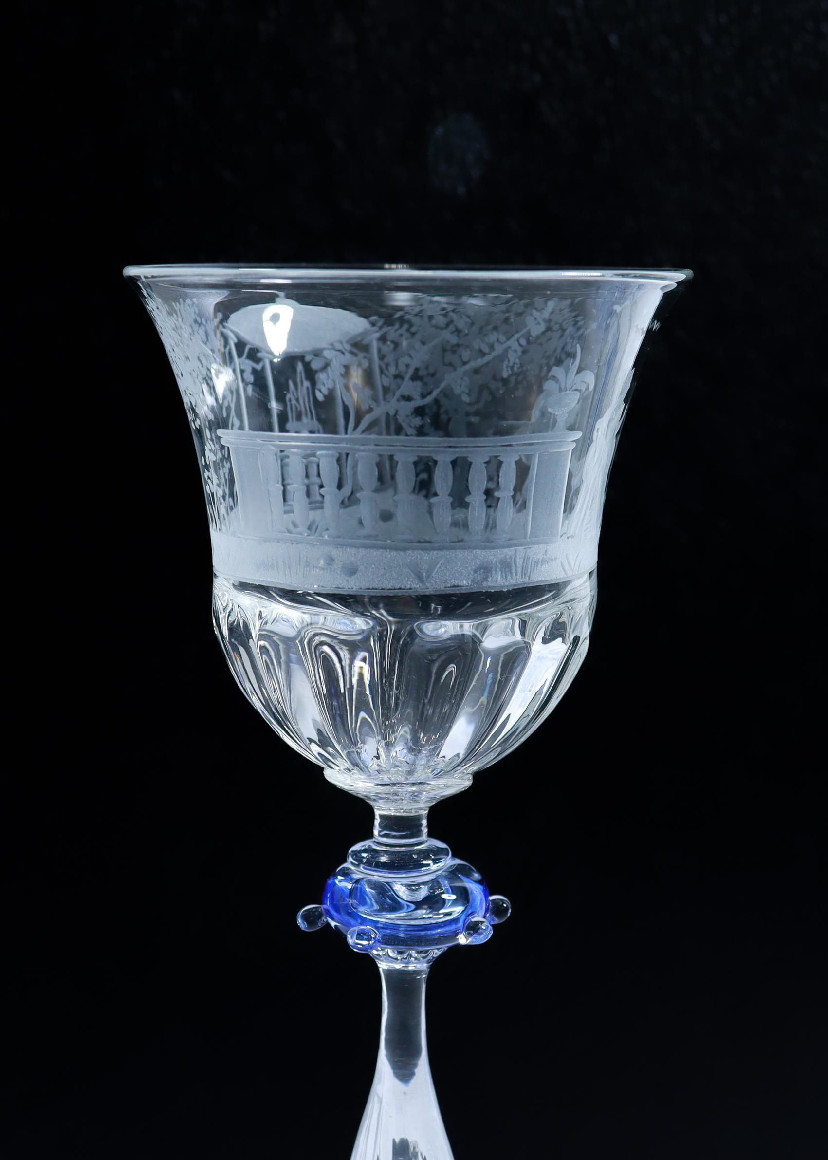 Luncheon Set of 8 Salviati Engraved Venetian / Murano Glass Wine Goblet Stems For Sale 7