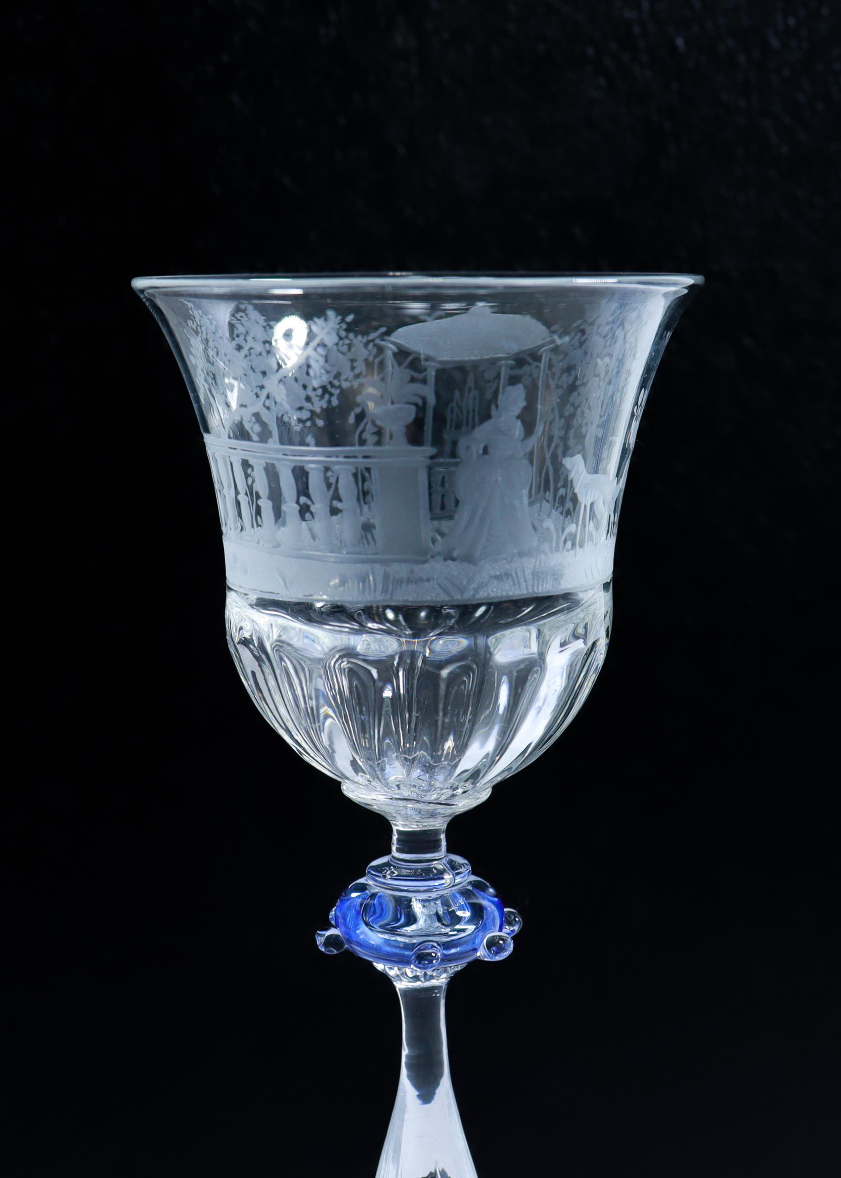 Luncheon Set of 8 Salviati Engraved Venetian / Murano Glass Wine Goblet Stems For Sale 8
