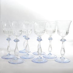 Luncheon Set of 8 Salviati Engraved Venetian / Murano Glass Wine Goblet Stems