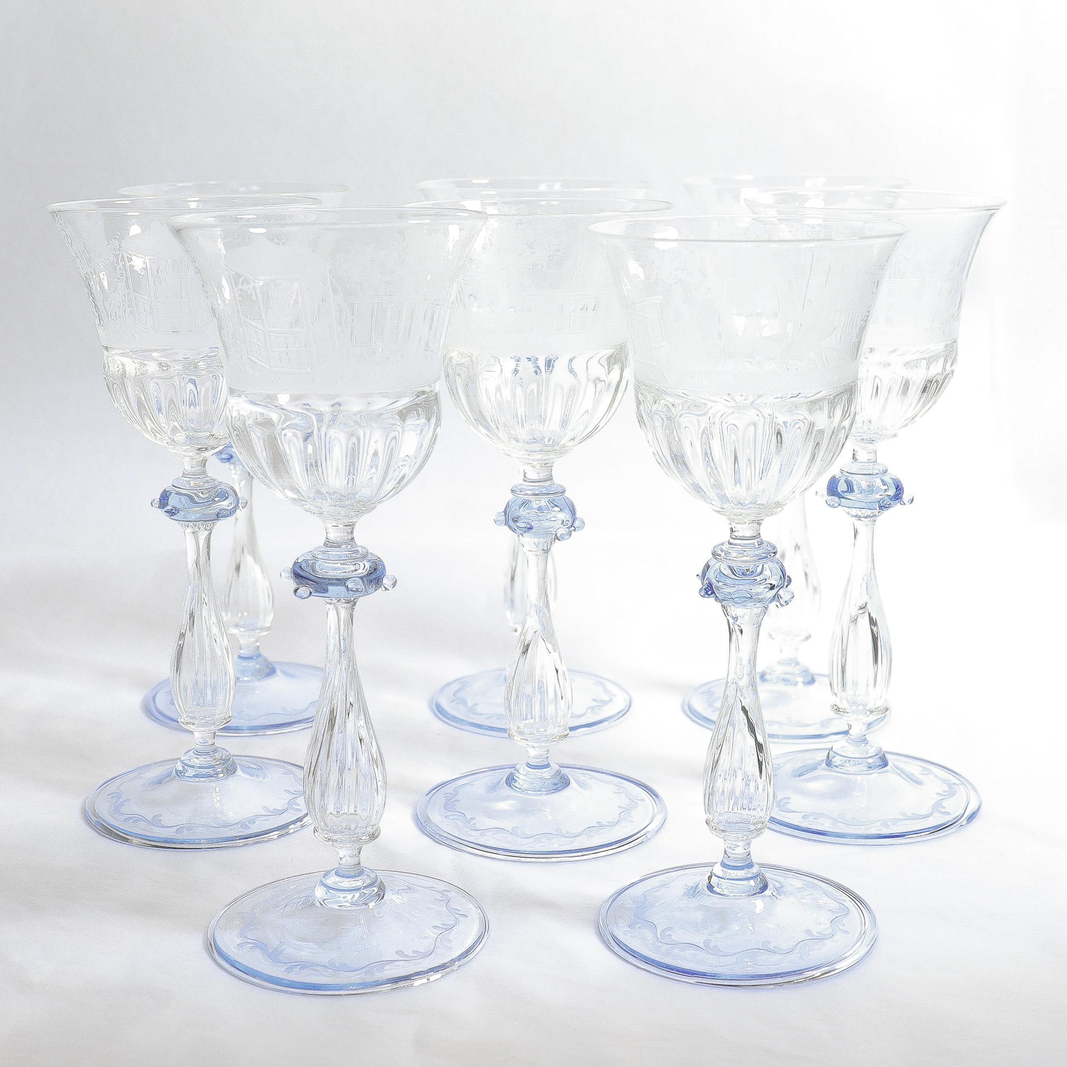 Italian Luncheon Set of 8 Salviati Engraved Venetian / Murano Glass Wine Goblet Stems For Sale