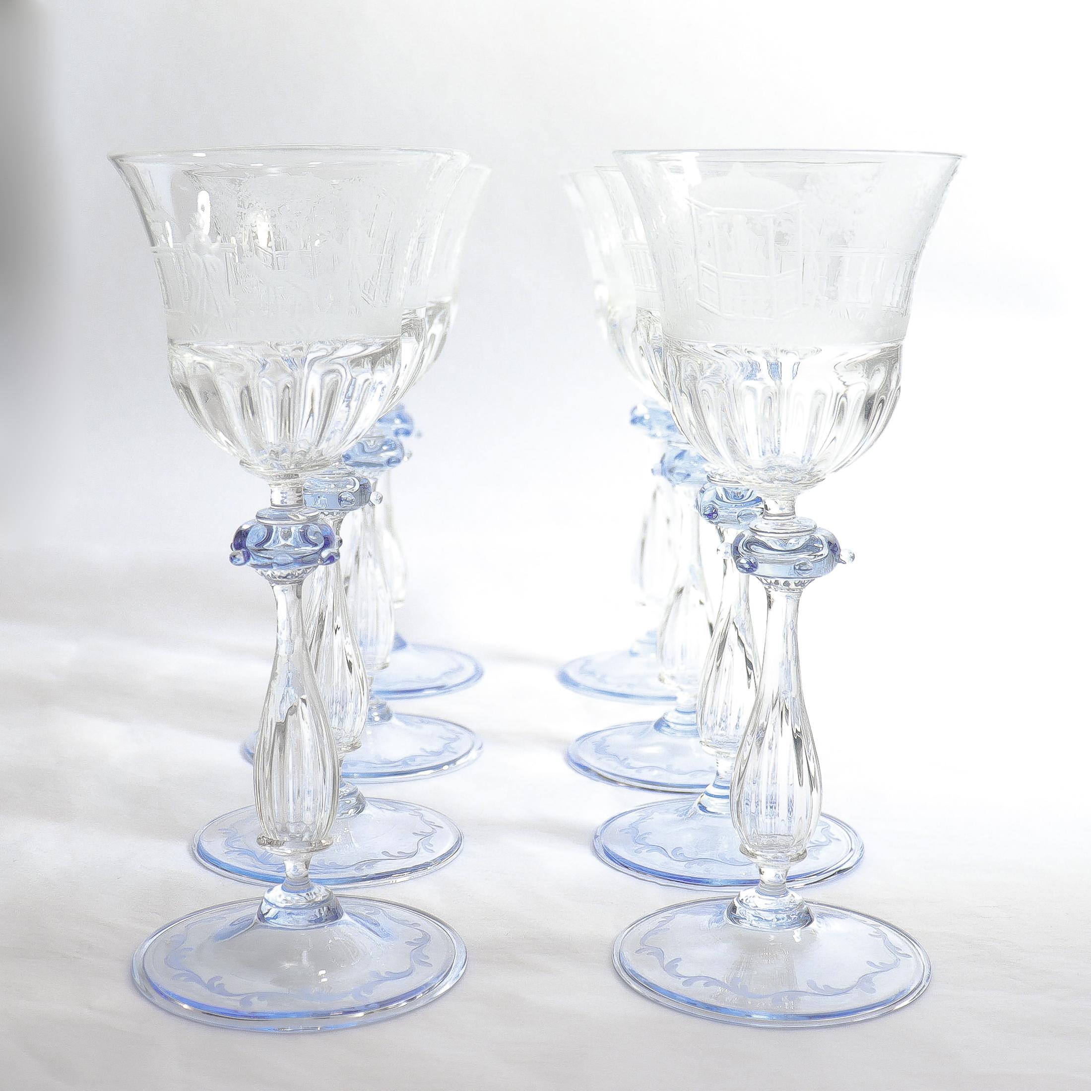 Luncheon Set of 8 Salviati Engraved Venetian / Murano Glass Wine Goblet Stems In Good Condition For Sale In Philadelphia, PA