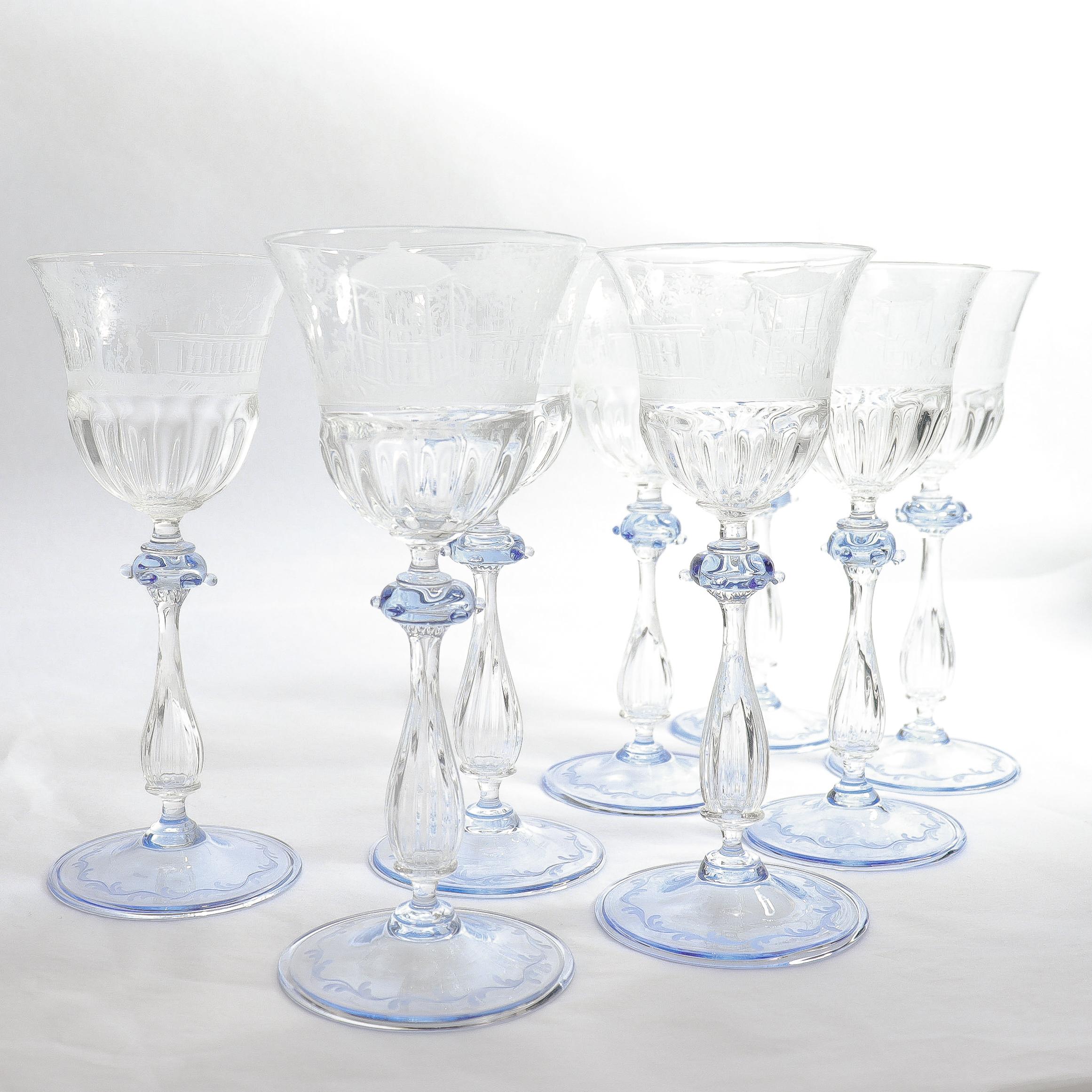 20th Century Luncheon Set of 8 Salviati Engraved Venetian / Murano Glass Wine Goblet Stems For Sale