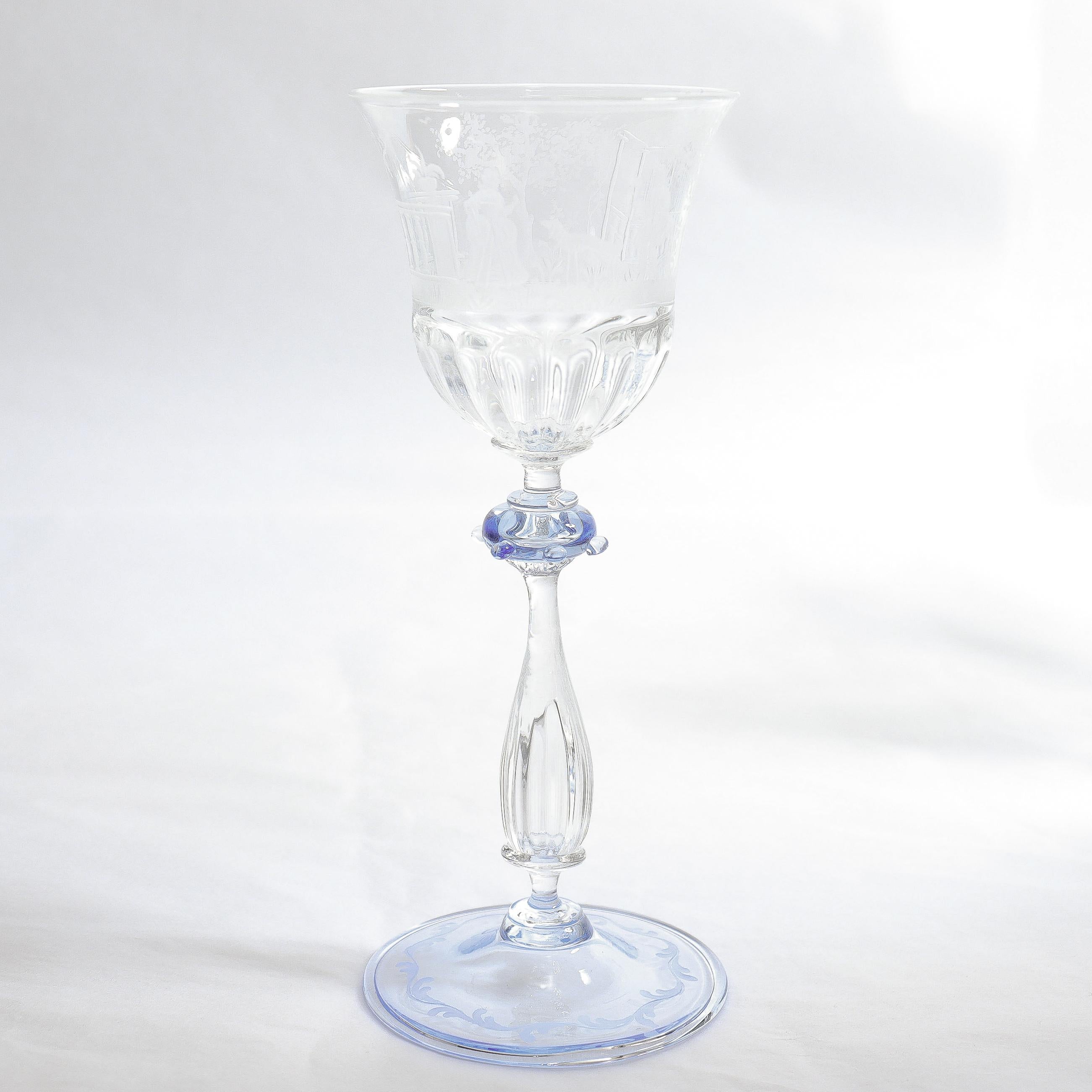 Luncheon Set of 8 Salviati Engraved Venetian / Murano Glass Wine Goblet Stems For Sale 1