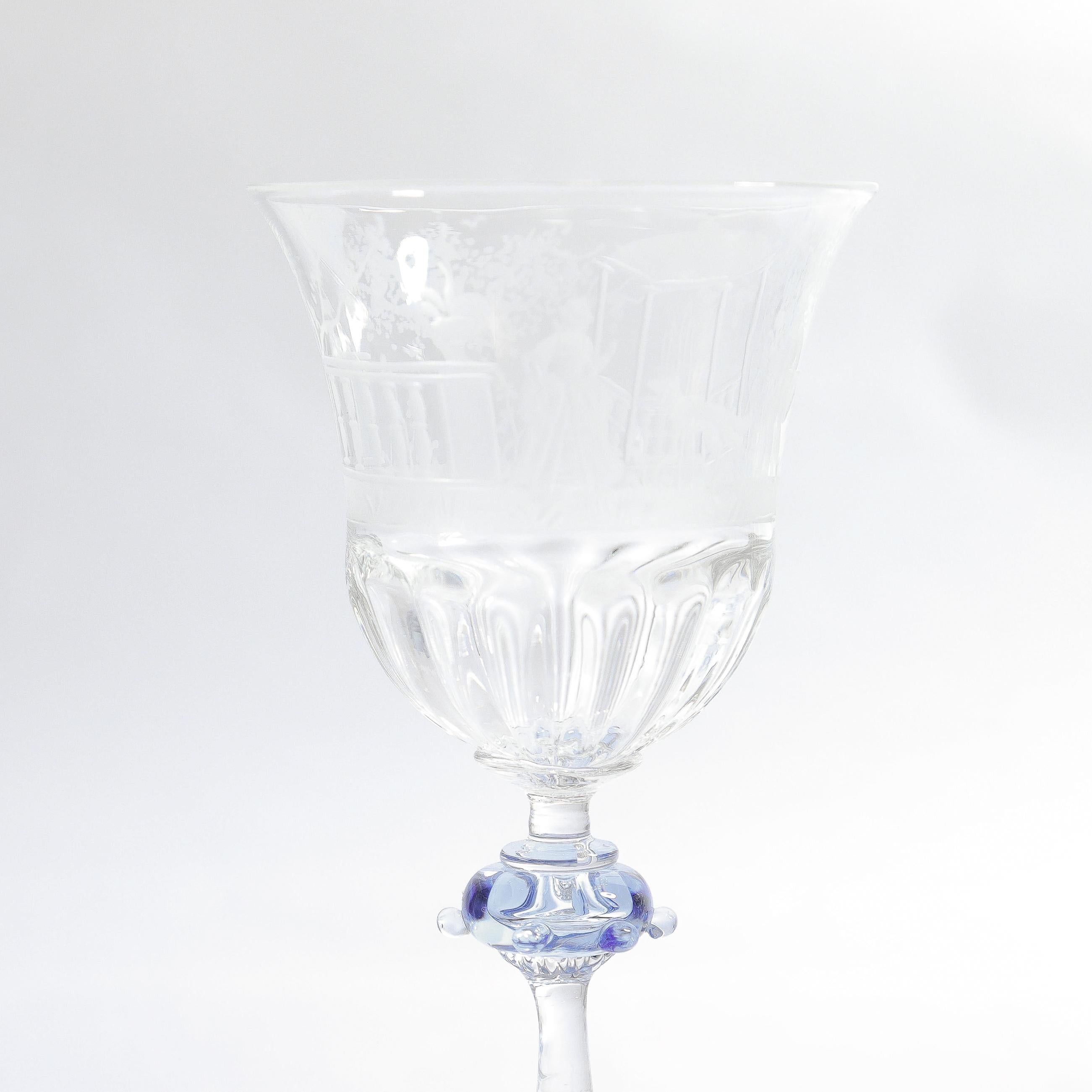 Luncheon Set of 8 Salviati Engraved Venetian / Murano Glass Wine Goblet Stems For Sale 2