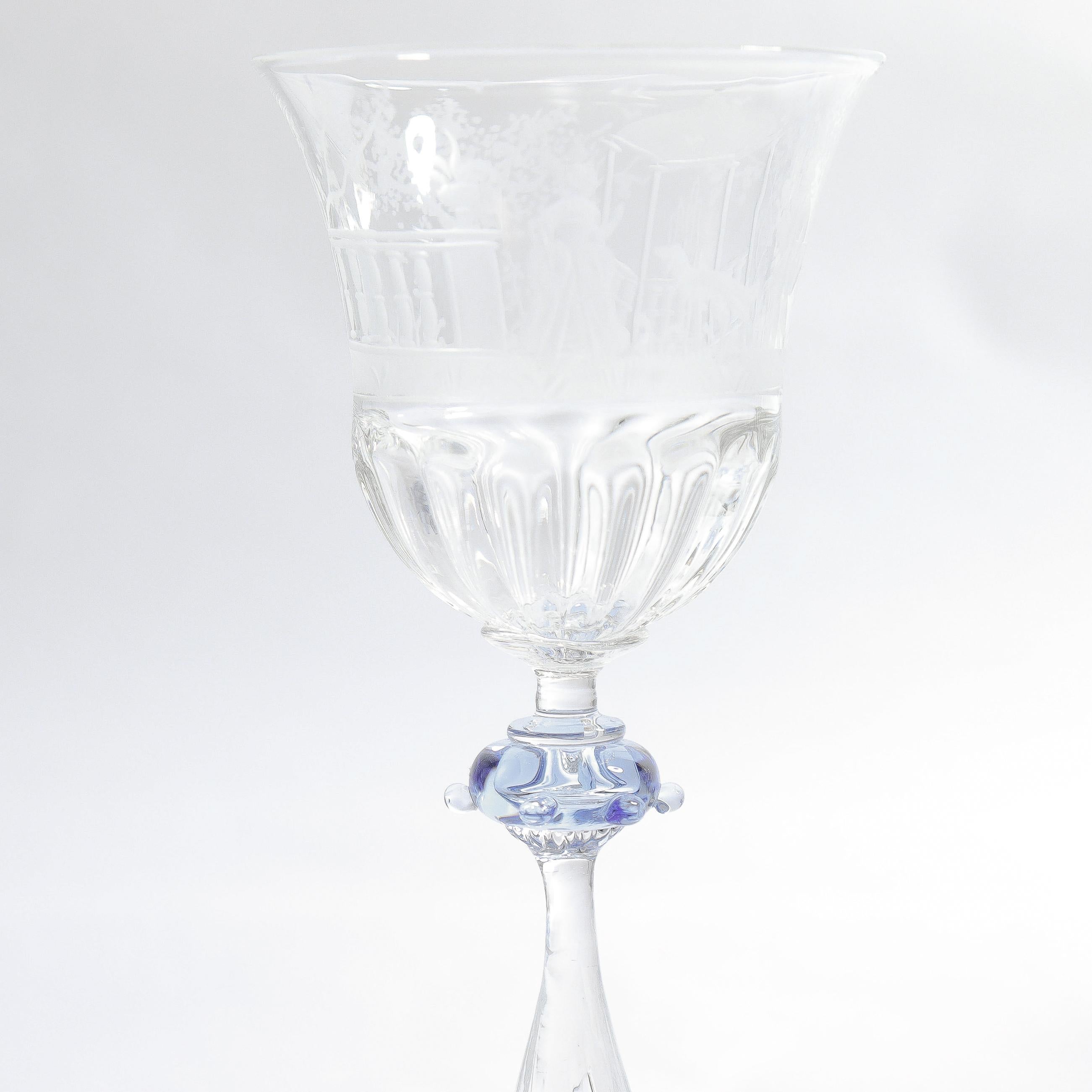 Luncheon Set of 8 Salviati Engraved Venetian / Murano Glass Wine Goblet Stems For Sale 3