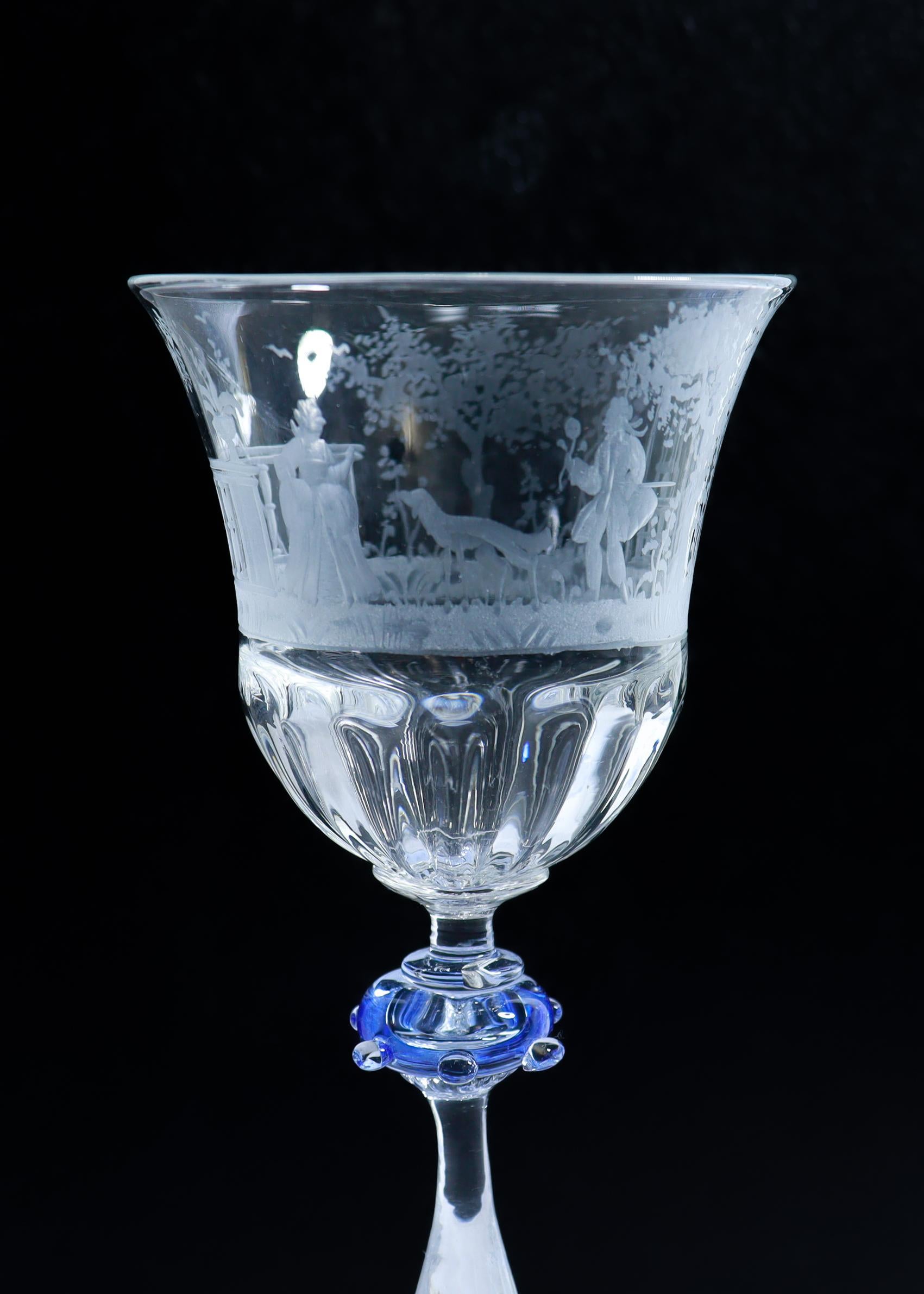Luncheon Set of 8 Salviati Engraved Venetian / Murano Glass Wine Goblet Stems For Sale 4