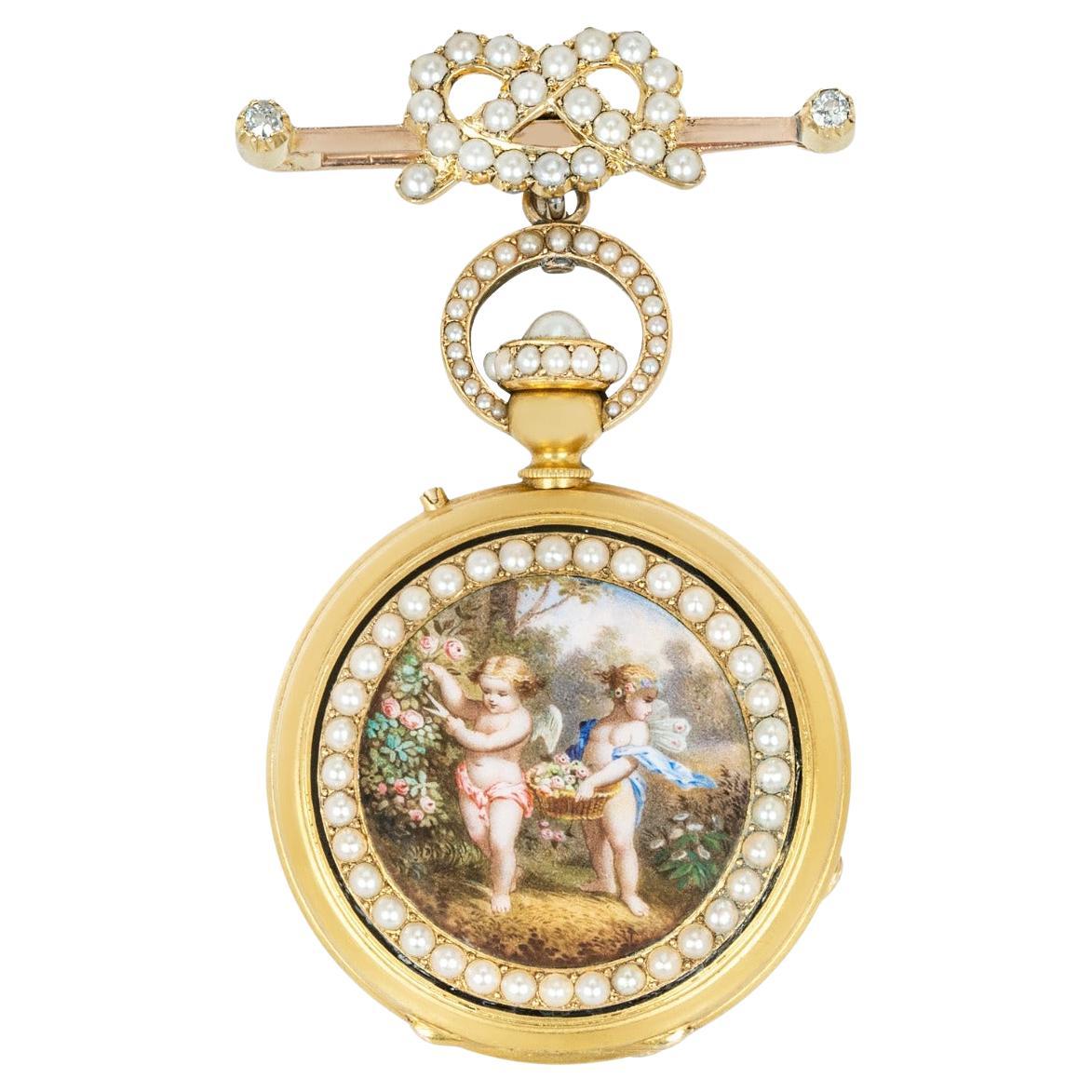 Lund & Blockley. A Gold Enamel and Pearl Full Hunter Fob Watch C1880 For Sale
