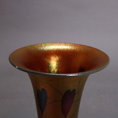 Lundberg Studios Heart & Vine Gold Aurene Art Glass Trumpet Vase, 20th Century