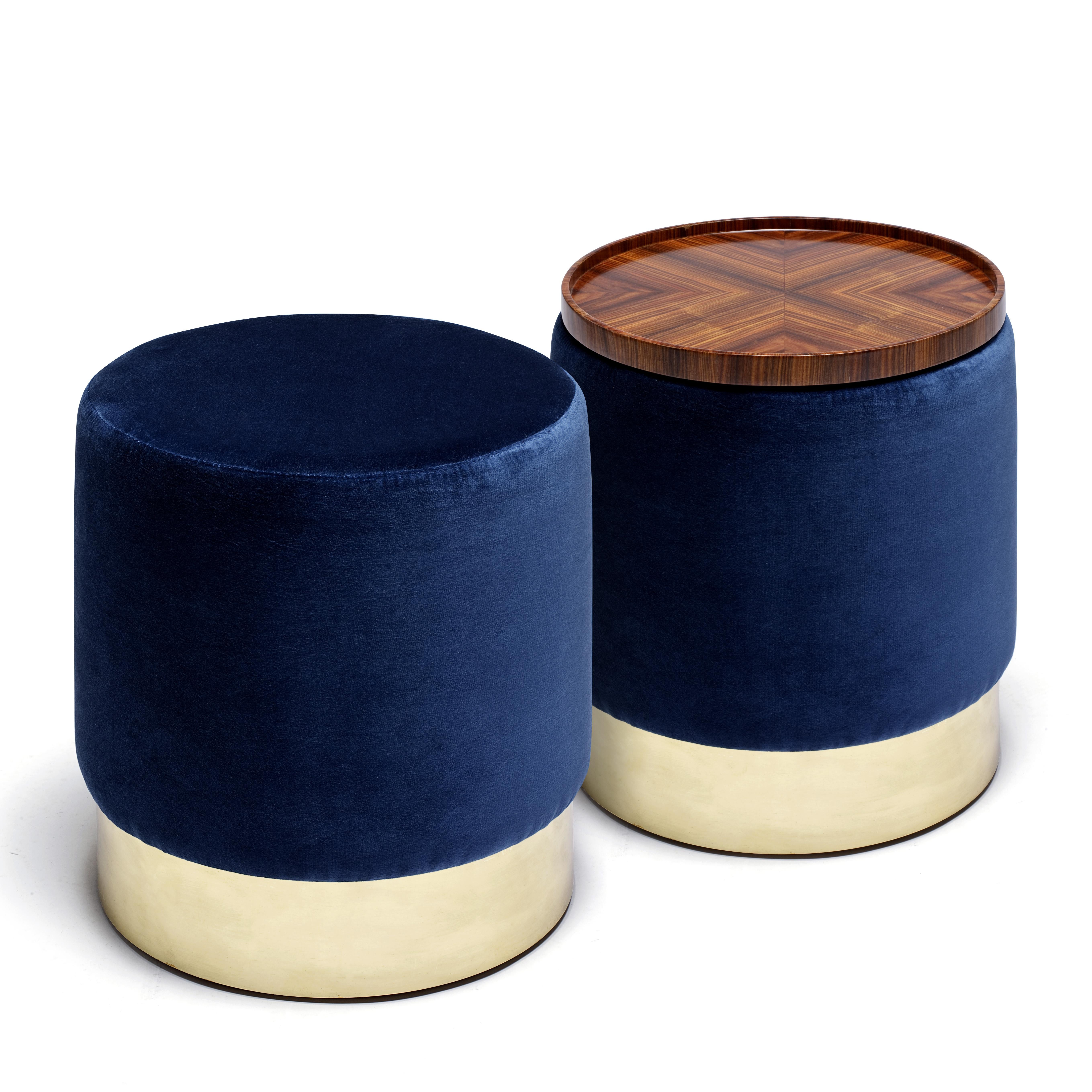 Portuguese Lune C Stool, Velvet Upholstery and Polished Brass, Handcrafted by Duistt For Sale