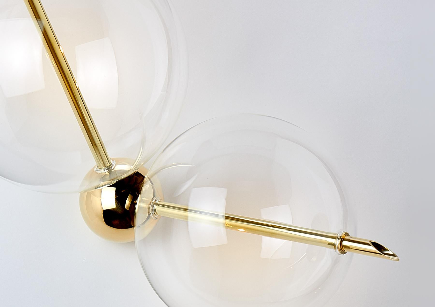Italian Lune Duo Contemporary Couple of Sconces / Wall Lights Polished Brass Blown Glass For Sale