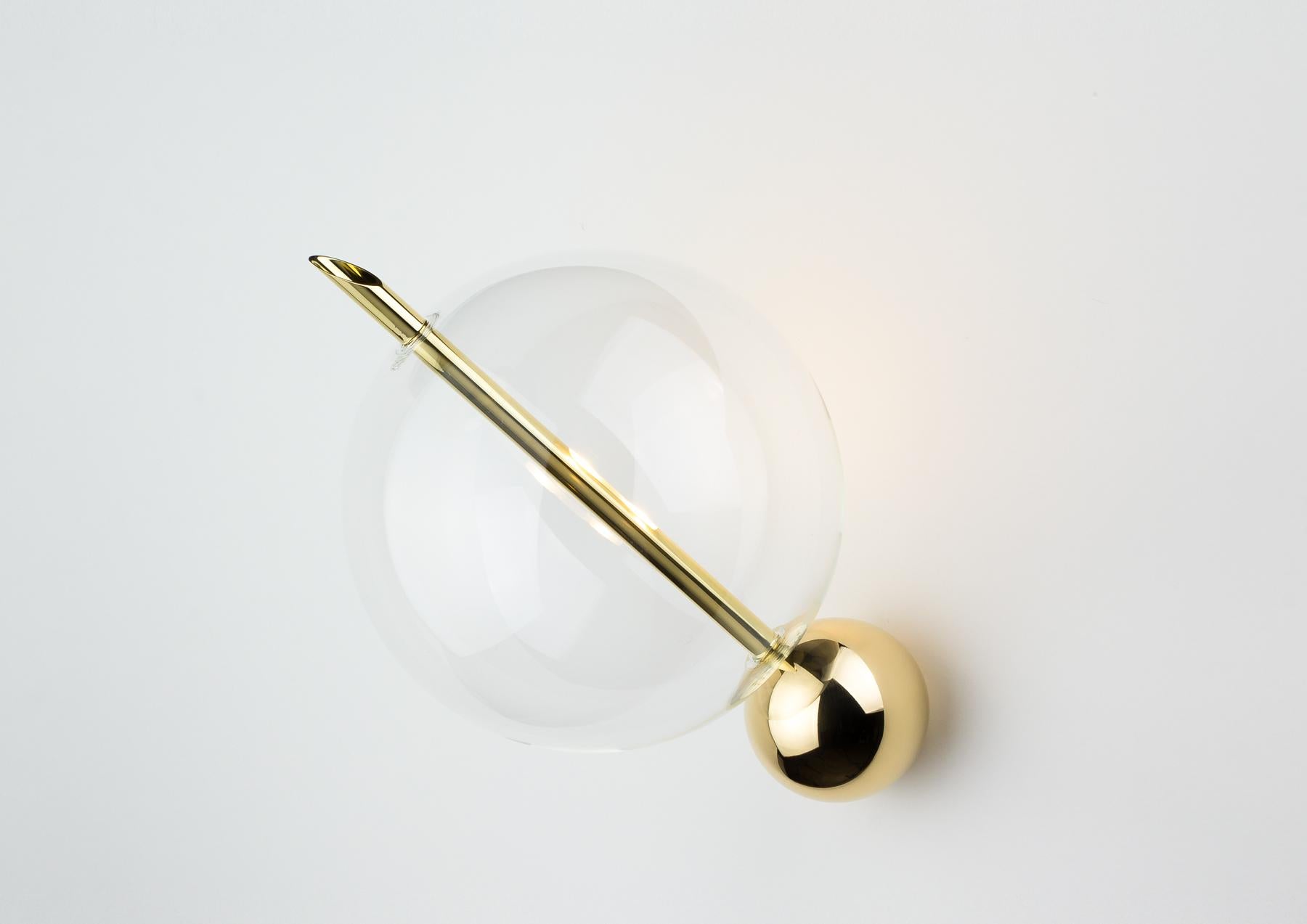 Hand-Crafted Lune One Light Contemporary Sconce / Wall Light Polished Brass Handblown Glass For Sale