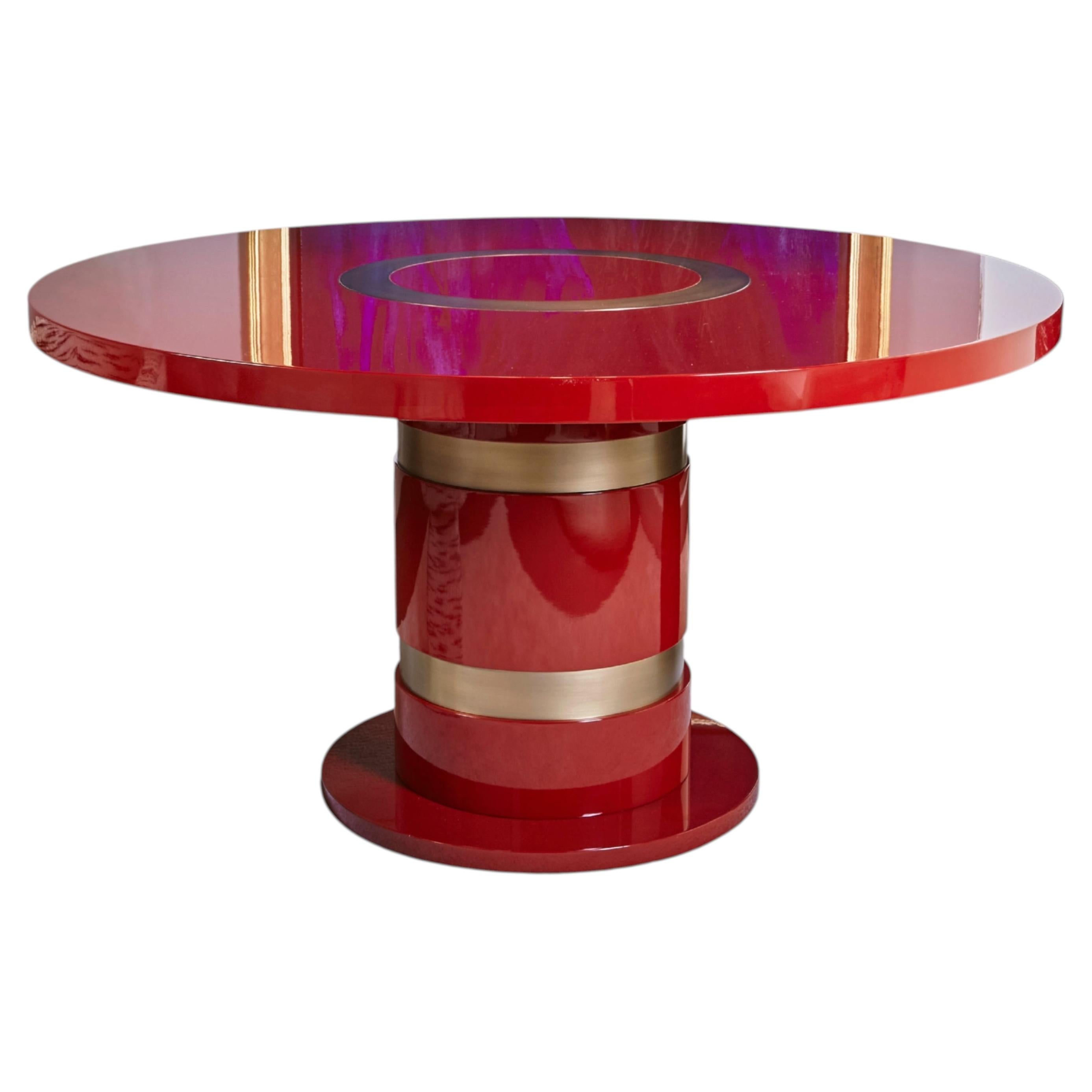 Lune Round Dining Table by Duistt, Red Lacquered Wood & Brass, 145cm, Portugal