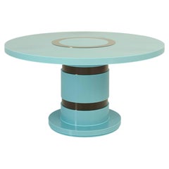 Lune Round Dining Table, High Gloss Mint blue Lacquered Wood Light Bronzed Brass