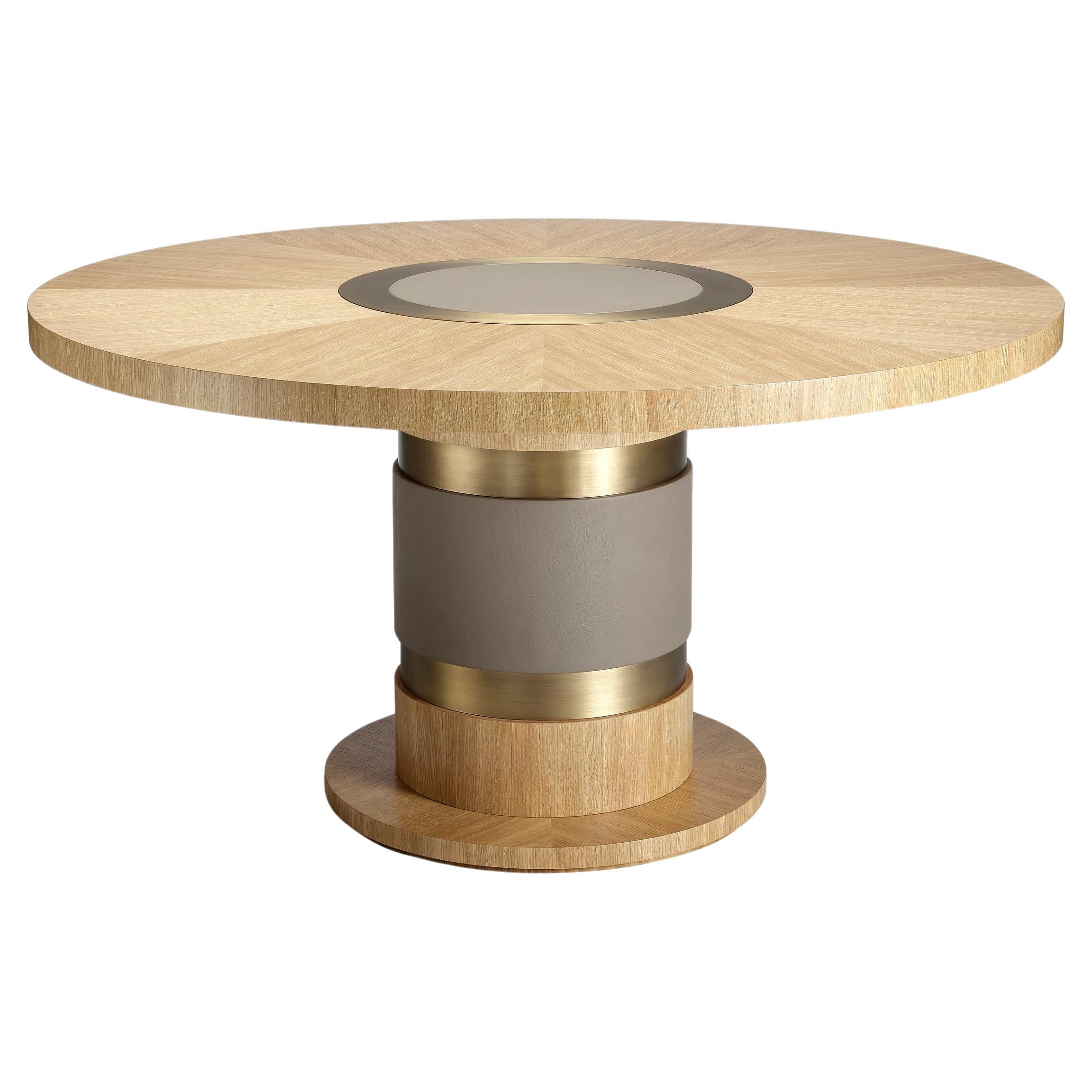 Lune Table, in Gold Limed Oak, Bronze and Leather Details, Handcrafted by Duistt For Sale